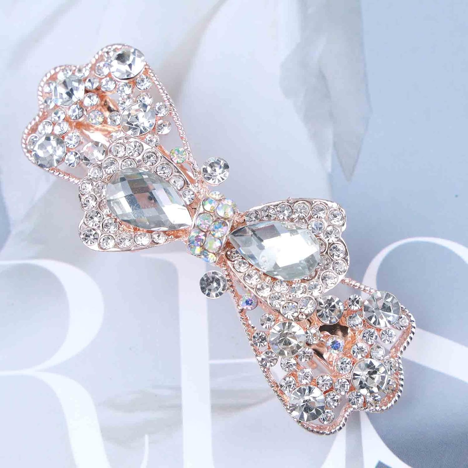 Tseenyi Crystal Bow Hair Clip Rhinestone Wedding Hair Clip Shiny Bridal Rhinestone Headwear Hair Clip Gold Crystal Women and Girls Gifts (Transparent Crystal) image number 3