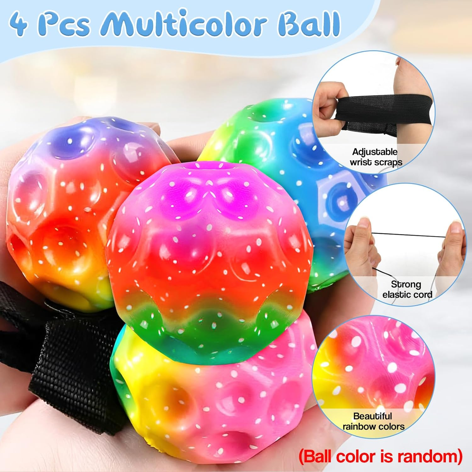 ZCOINS 4 Pcs 2.5'' Rubber Wrist Return Bounceback Ball for Kids, Wrist Rebound Bouncy Hand Ball with Wristband & Elastic String for Outdoor Game Sport Training image number 5