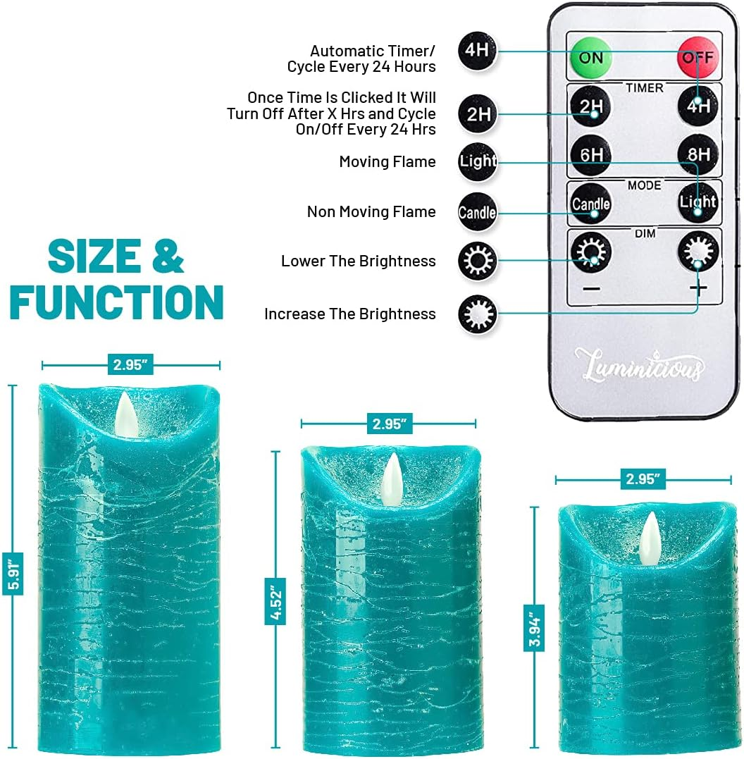 Flameless Candles Flickering LED | Battery Operated Electric Pillar Candle | Realistic Moving Flame Flicker with 2 Remote Controls & Timer | Real Wax Tempo Teal | Great Home Decor | Decorative Gift image number 3