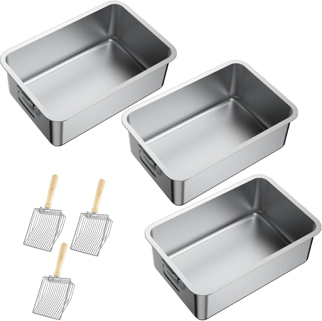 3 Pack Stainless Steel Cat Litter Box with 3 Cat Litter Scoop,Extra Large Litter Box for Pet,With Carry Handle,Easy Clean,Non-Stick Smooth Surface (60(L)*40(W)*15(H) CM 3Pack)