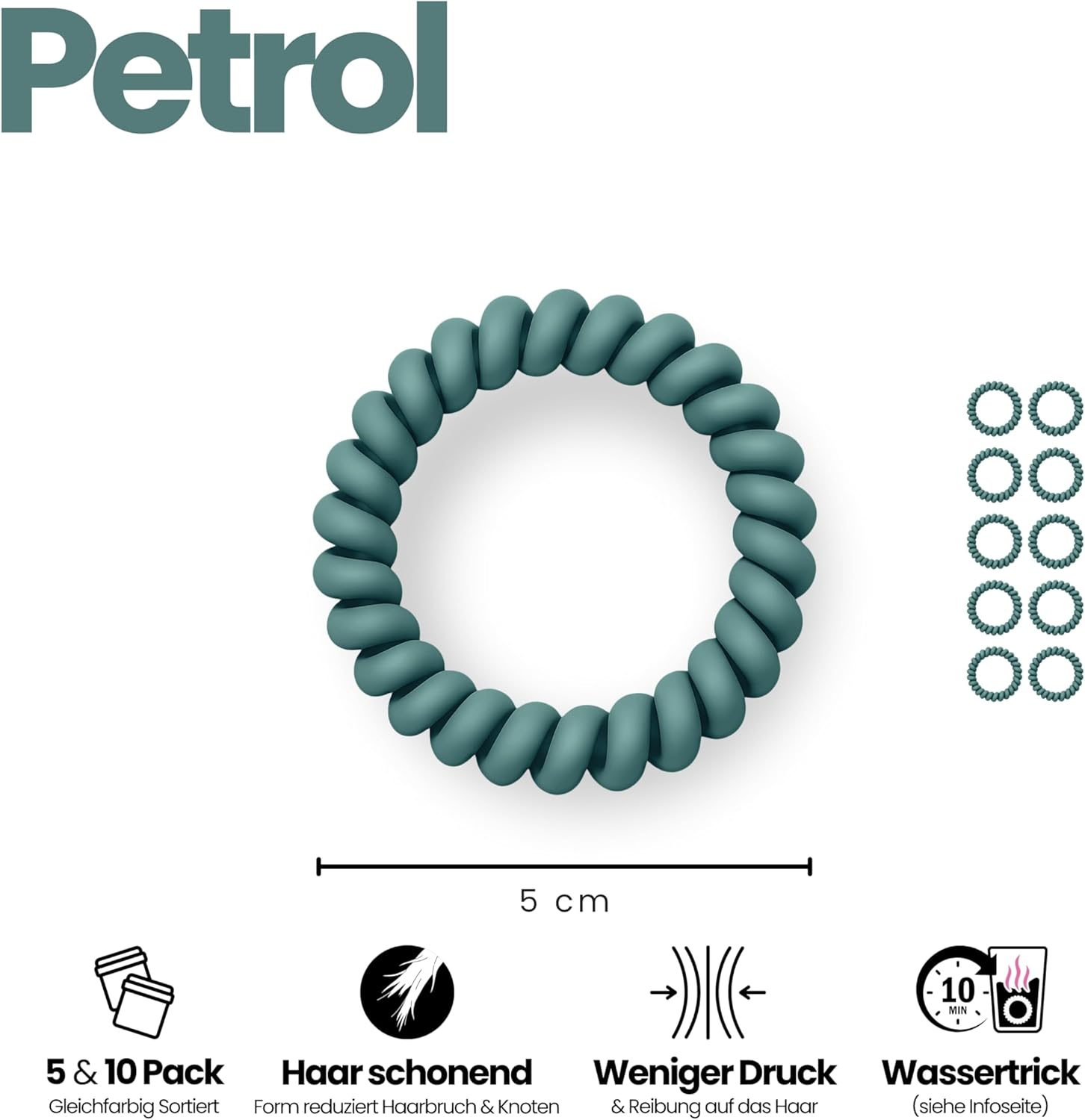 Specora Spiral Hair Scrunchies Petrol Pack of 10-5 Cm - TPU - Telephone Cable Scrunchie - No Pulling & Tangling - Elastic, No Imprint, Gentle on Hair image number 2