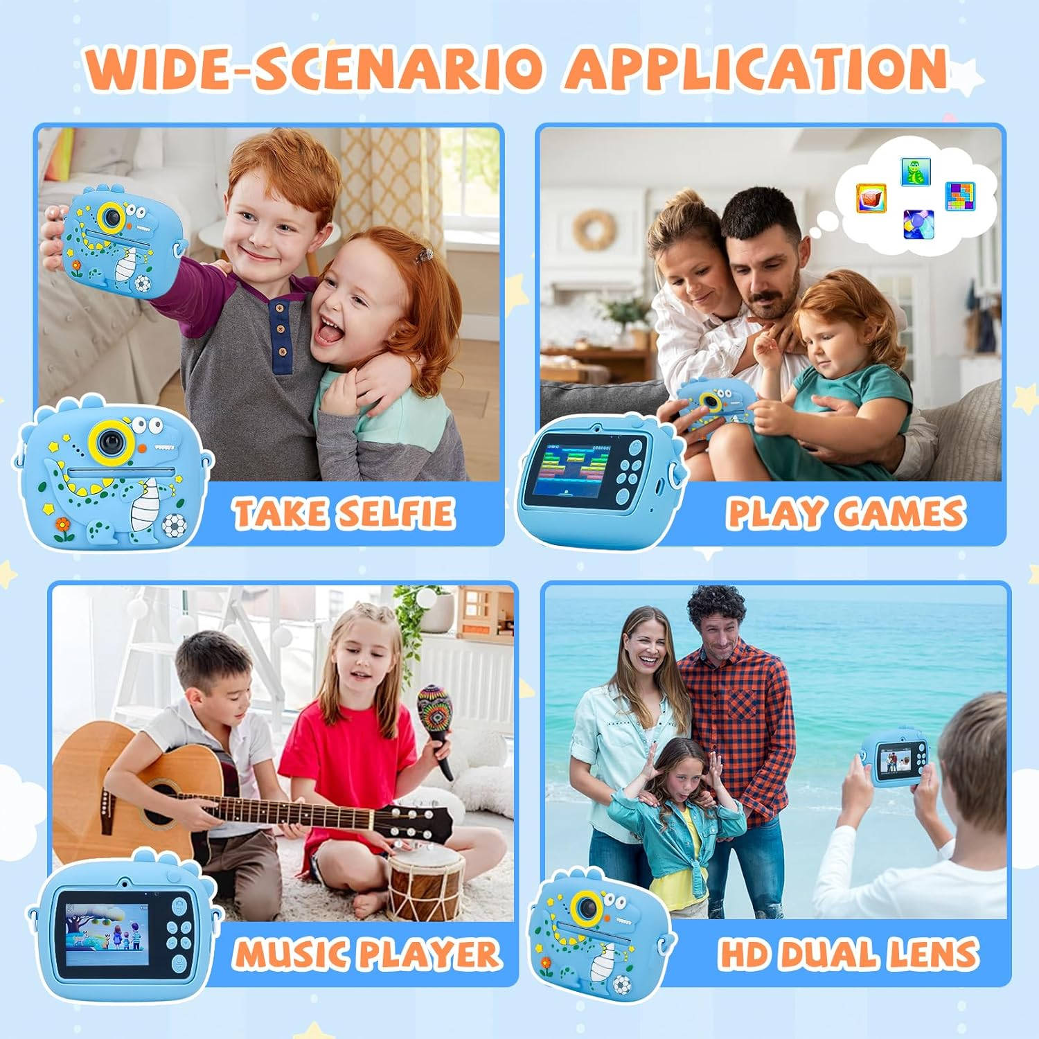 Kids Camera Instant Print with 64GB Card 3 Roll Print Paper & Color Pens Camera for Kids Digital Camera Toddler Camera Toys Gifts for 3-12 Year Old Girls Boys (Blue Dinosaur) image number 3