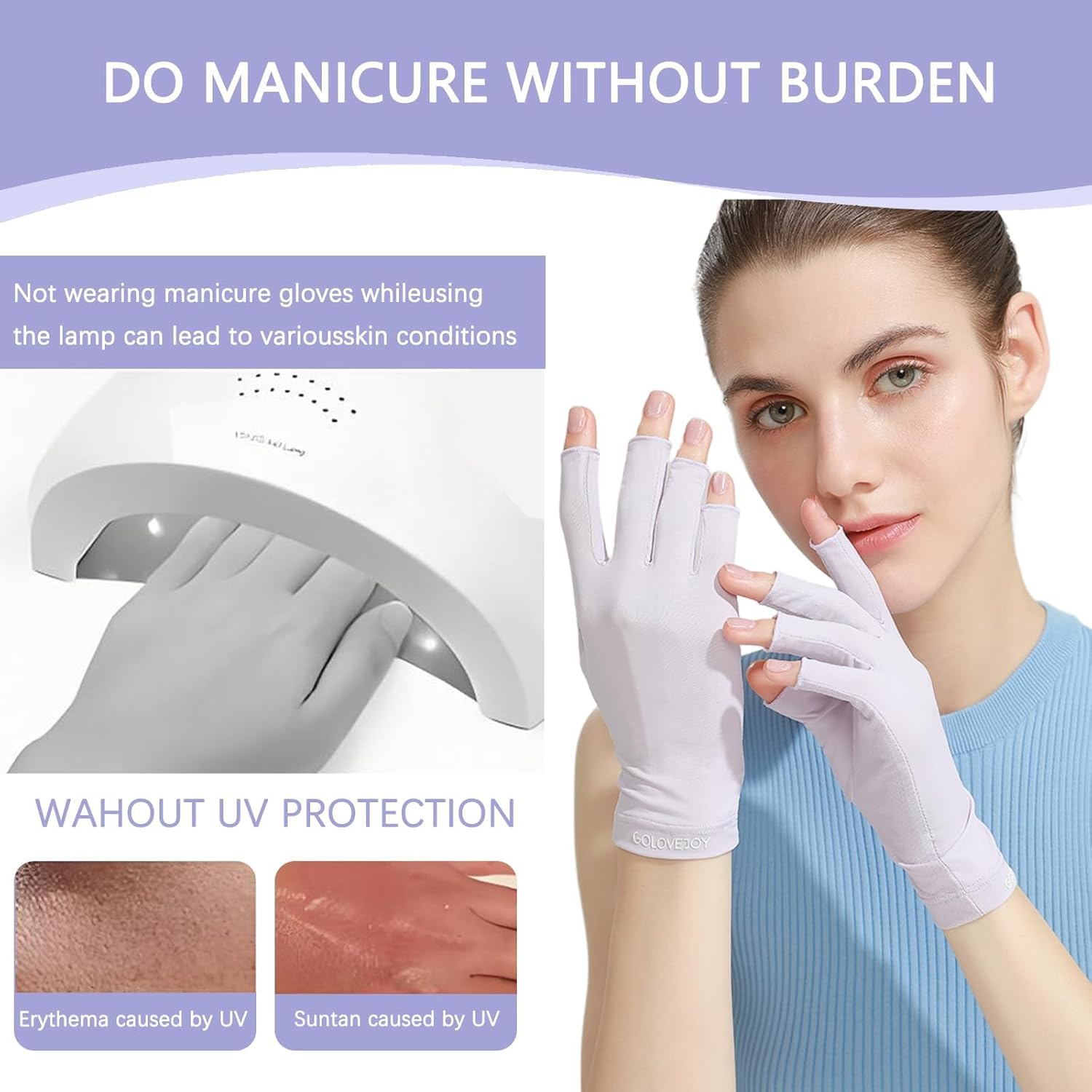 Checkzed UV Gloves for Nails，Professional UPF50+ Fingerless UV Light Gloves for Gel Manicures, Gel Nail Lamp 99% UVS Blocking, Outdoor Sunscreen Glove (Lavender Purple) image number 3