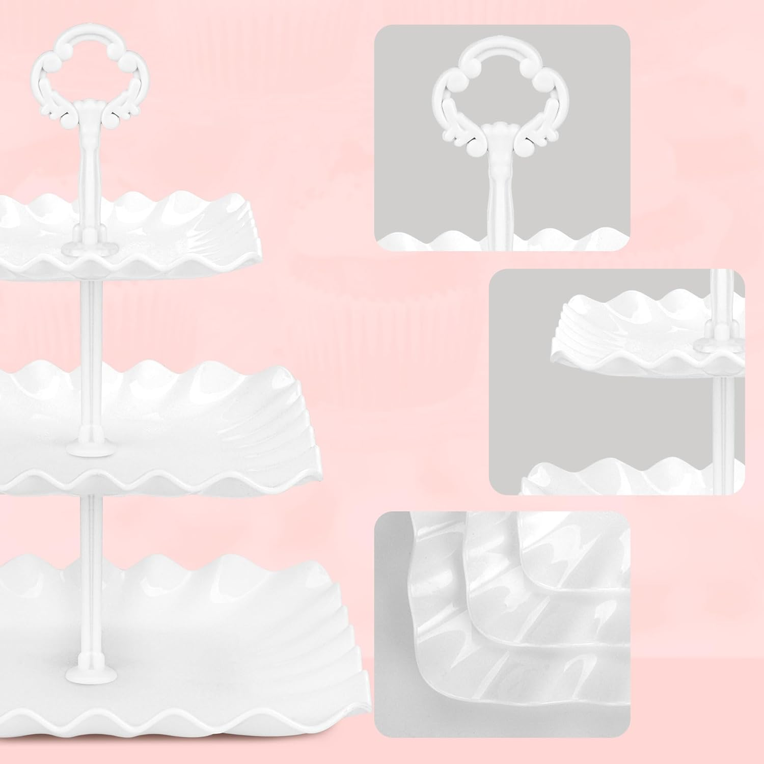 NWK 5 Piece Cake Stand Set with 2Xlarge 3-Tier Cupcake Stands + 3X Appetizer Trays Perfect for Wedding Birthday Baby Shower Tea Party (White) - Black image number 7