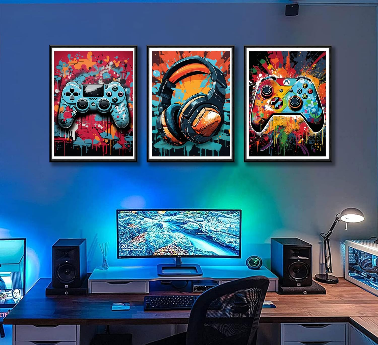 NBYARTQ 3Pcs Cool Gaming Wall Art Retro Video Game Watercolor Posters Pictures Colorful Neon Gamepad Canvas Painting Prints for Boys Room Kids Bedroom Home Decoration 12X16In Unframed image number 1