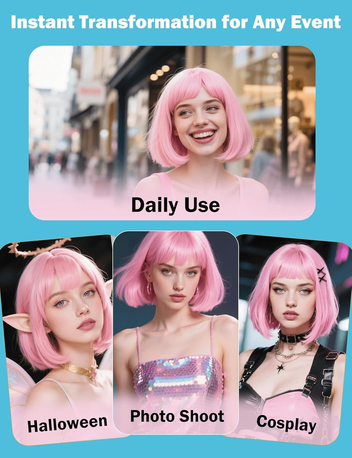 QAUARUMSUN Red Bob Wig Synthetic Heat-Resistant Red Wig with Adjustable Straps, Natural Looking Soft Bob Wig for Halloween Costume Party (Pink) image number 1