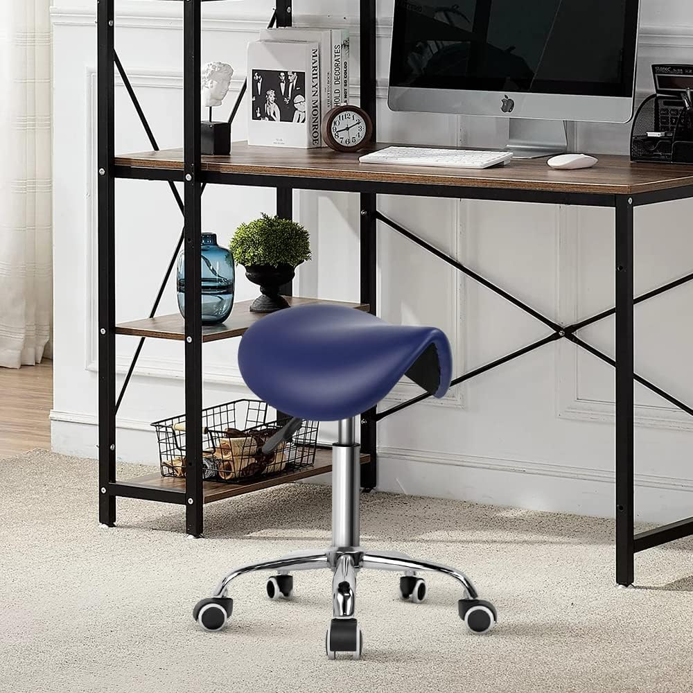 KKTONER Rolling Saddle Stool PU Leather Swivel Adjustable Rolling Stool with Wheels Salon Chair (Blue) image number 6