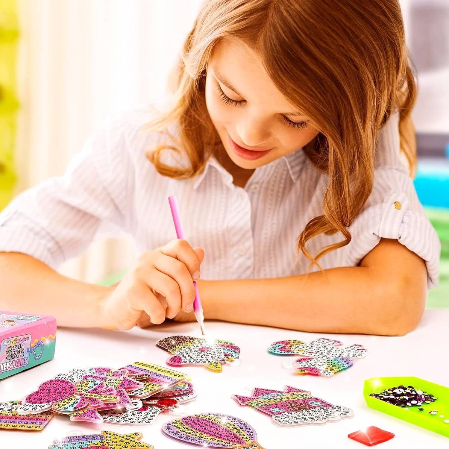 5D Gem Diamond Art Kit for Kids, Make Your Own Gem Art Keychains by Number, Cartoon Diamond Art Easy Kits, DIY Crafts Birthday Gifts Thanksgiving Christmas for Girls Boys Ages 6-8-12 (Mermaids) image number 6