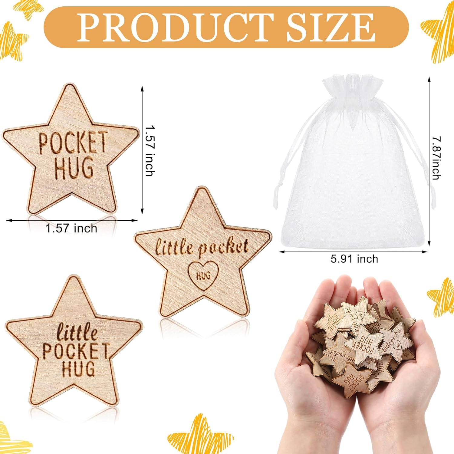 Croblissful 150 Pcs Wooden Pocket Hug Token Bulk with 3 Pcs Organza Bags Remembrance Little Heart Star round Pocket Hug Keepsake for Family Birthday Celebration of Life Funeral Love Gifts (Star)