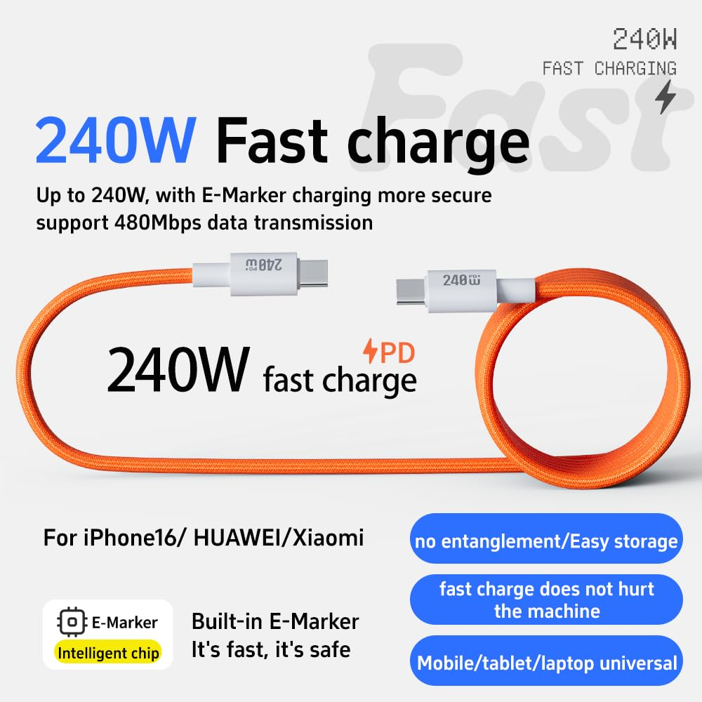 BELAROI PD240W/140W/100W Ultra-Fast Charging Cable, USB-C Magnetic Retractable, PD3.1 Compatible 480Mbps Data Transfer, Supports Tablet/Iphone15/Huawei/Xiaomi 1M Durable Quick Charger (Orange)