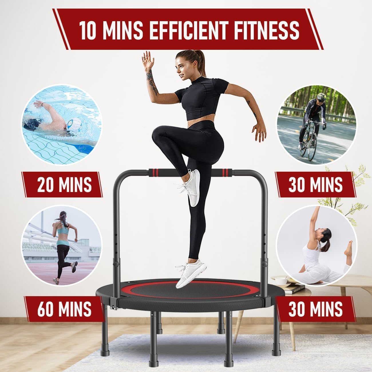 Foldable Rebounder Trampoline with Adjustable Foam Handle (4-Level Height) - Thick Steel Spring Fitness Workout for Adults, Max Load 350KG, Indoor/Outdoor Exercise image number 1