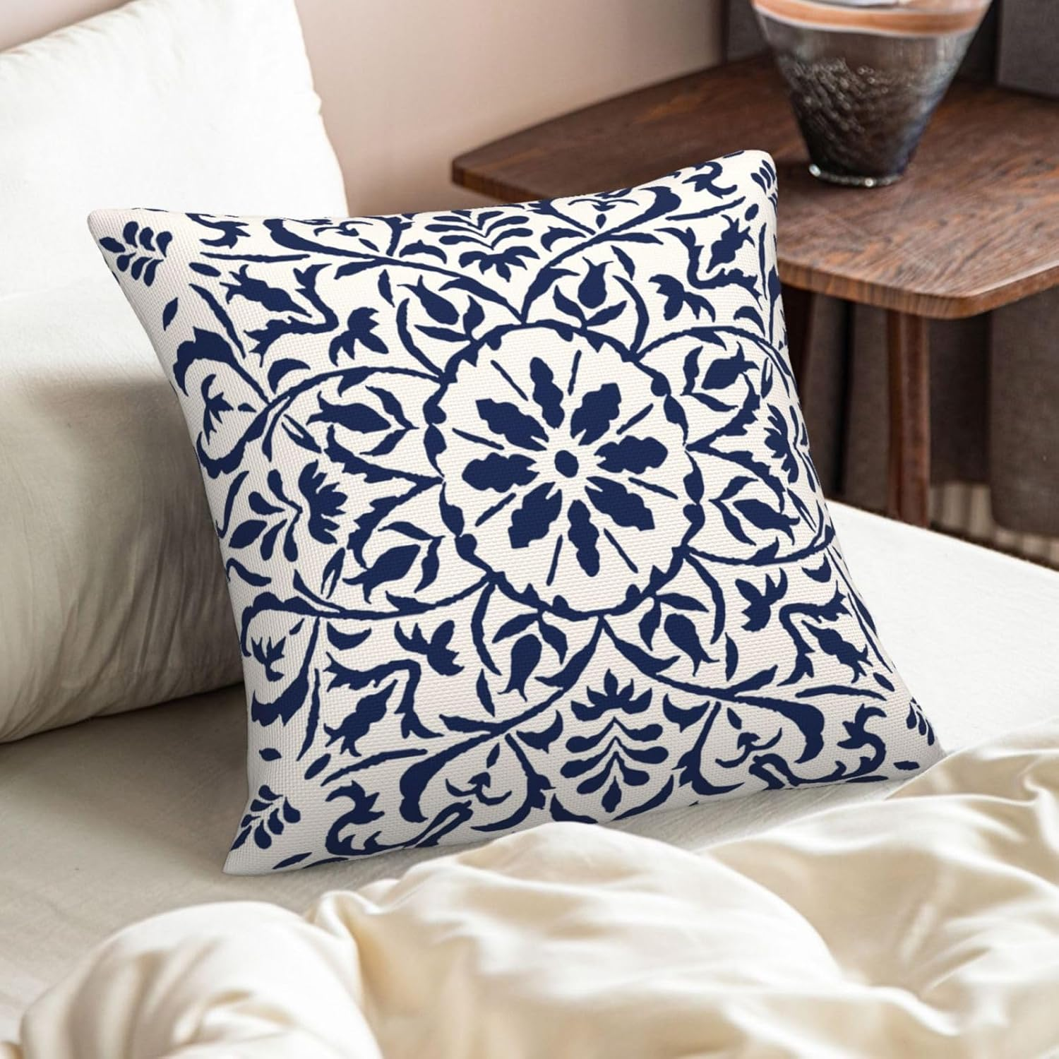 Set of 2 Navy Blue Boho Cushion Cover 50Cm X 50Cm Bohemian Geometric Modern Decor Square Linen Pillow Cases for Sofa Bed Couch Outdoor Cushions Covers 20X20 Inches image number 1