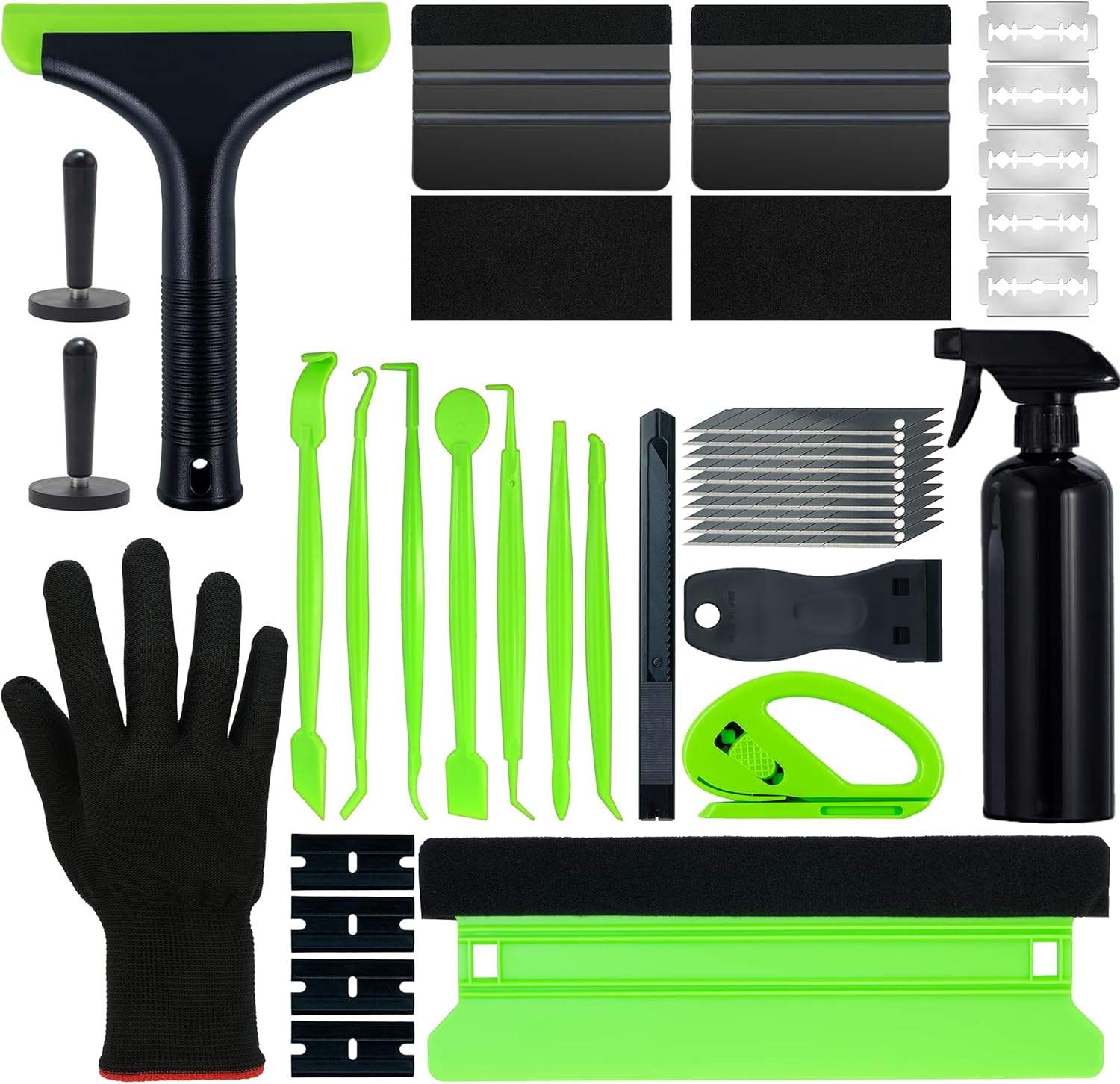 39PCS Vinyl Wrap Tool Kit, Felt Squeegee, Spray Bottle, Magnetic Holder, Safety Trimmer, Micro Detailing Tools, Scraper, Gloves, Auto Window Tint Film Installation Set (Black Green)
