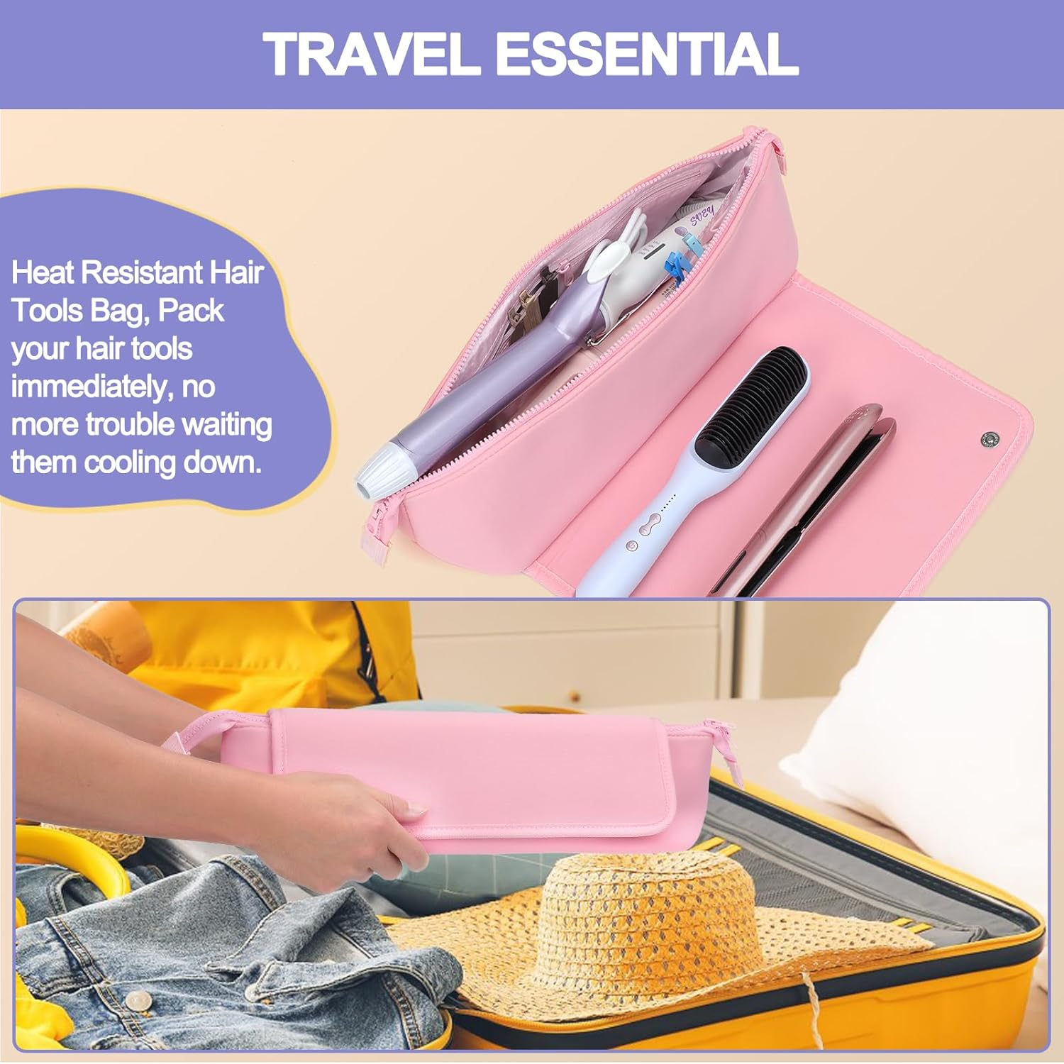 BAQRAXIA Heat Protection Case, Heat Resistant Bag for Straighteners, Hair Tools Travel Bag, Pink, Pink, Heat Resistant Straightener Bag image number 6
