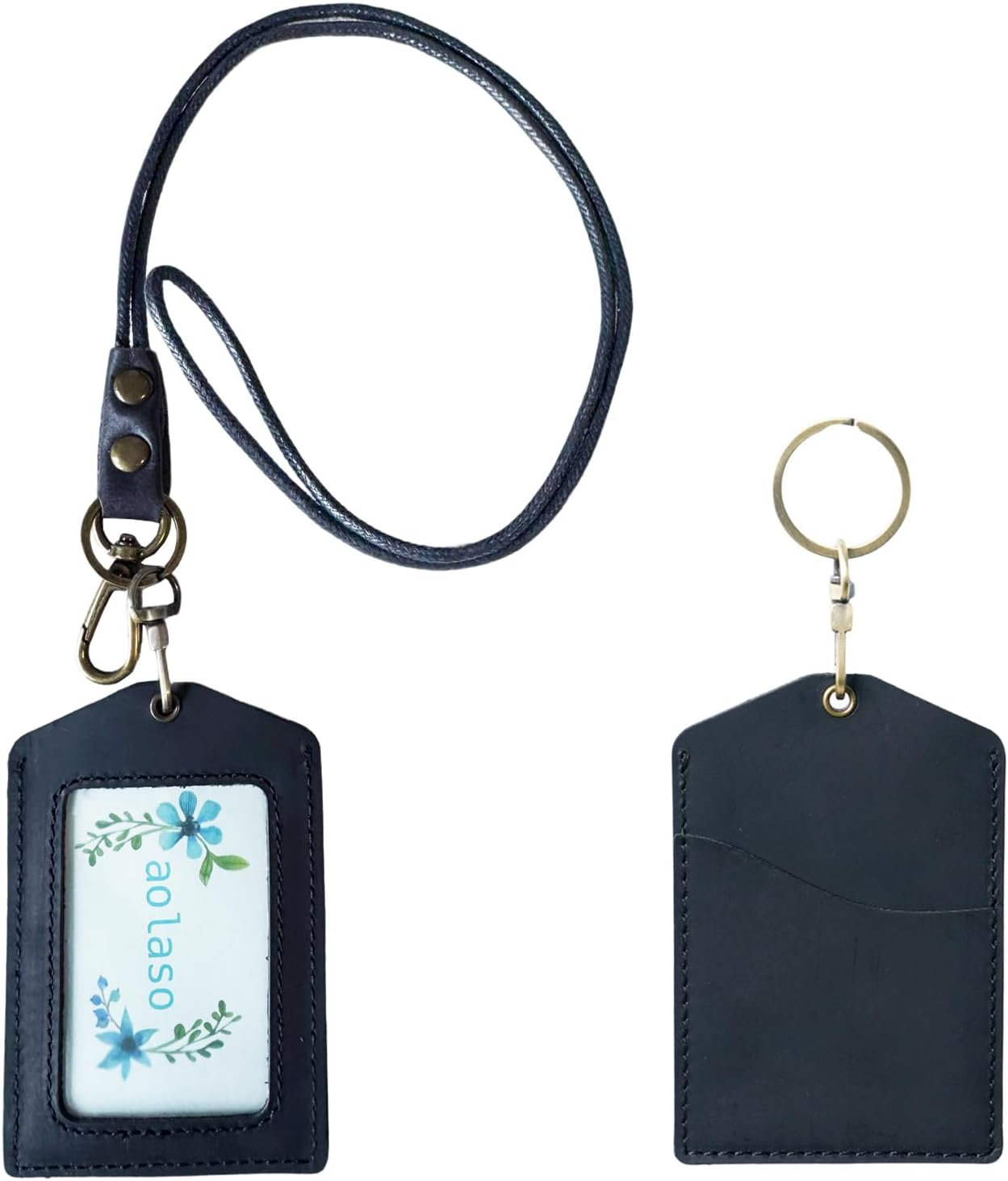 Badge Holder Vertical Handmade Leather ID Card Badge Holder Keychain with Heavy Duty Lanyard for Men Women-Black - Black 02 image number 2