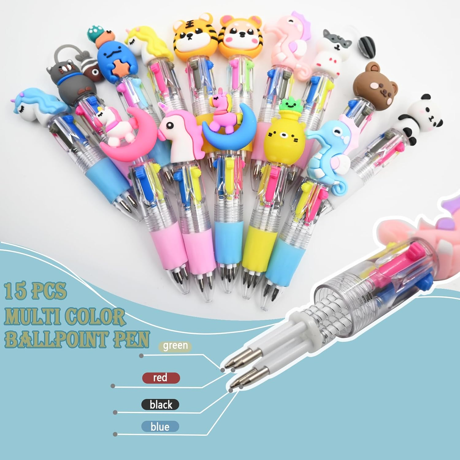 15 PCS Cute Kid'S Multi-Color Ballpoint Pens, Fun Pens for Kids, 4 in 1 Retractable Pens, Cartoon Animal Ballpoint Pens, Student Party Gifts, Classroom Rewards Party Bag Fillers image number 1