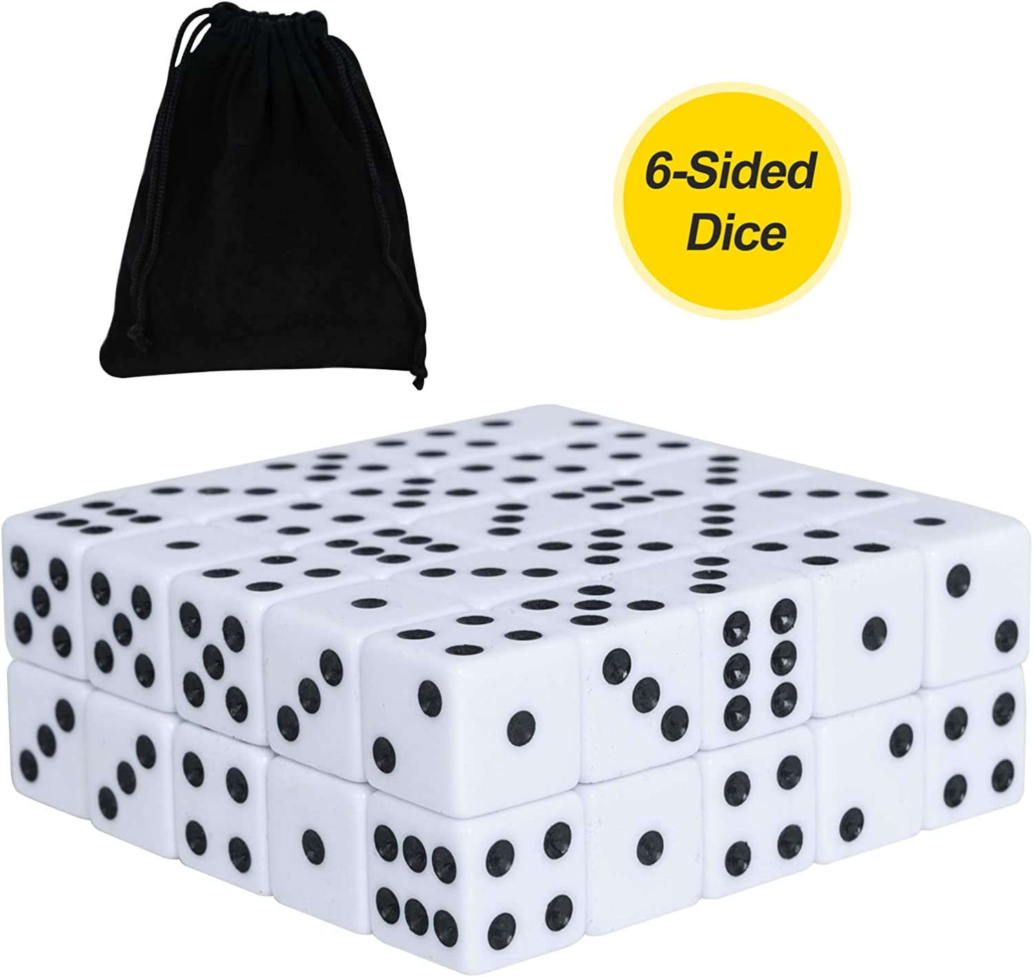 50 Pack 16MM White Dice - Six Sided Standard Opaque White Dice with Black Pips Dots for Board Games
