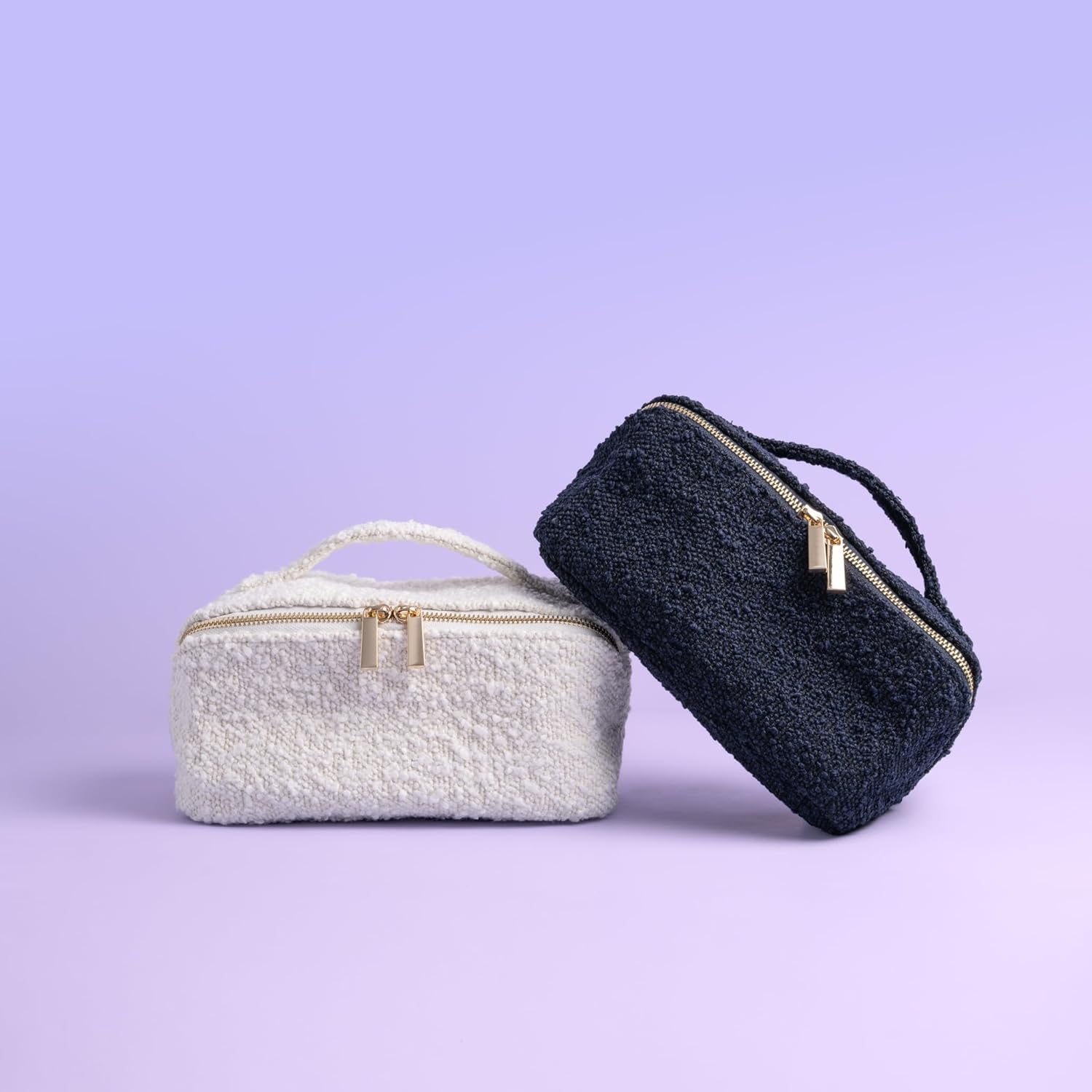 Boucl&eacute; Cosmetic Case - Navy, Machine Washable, Stain Resistant, Toiletries Bag, Organiser, Make-Up Storage, Bathroom Accessories, Large Capacity, Pouch, Travel Storage, Cosmetics, Soft, Open Mouth - Ivory - Cloud image number 2