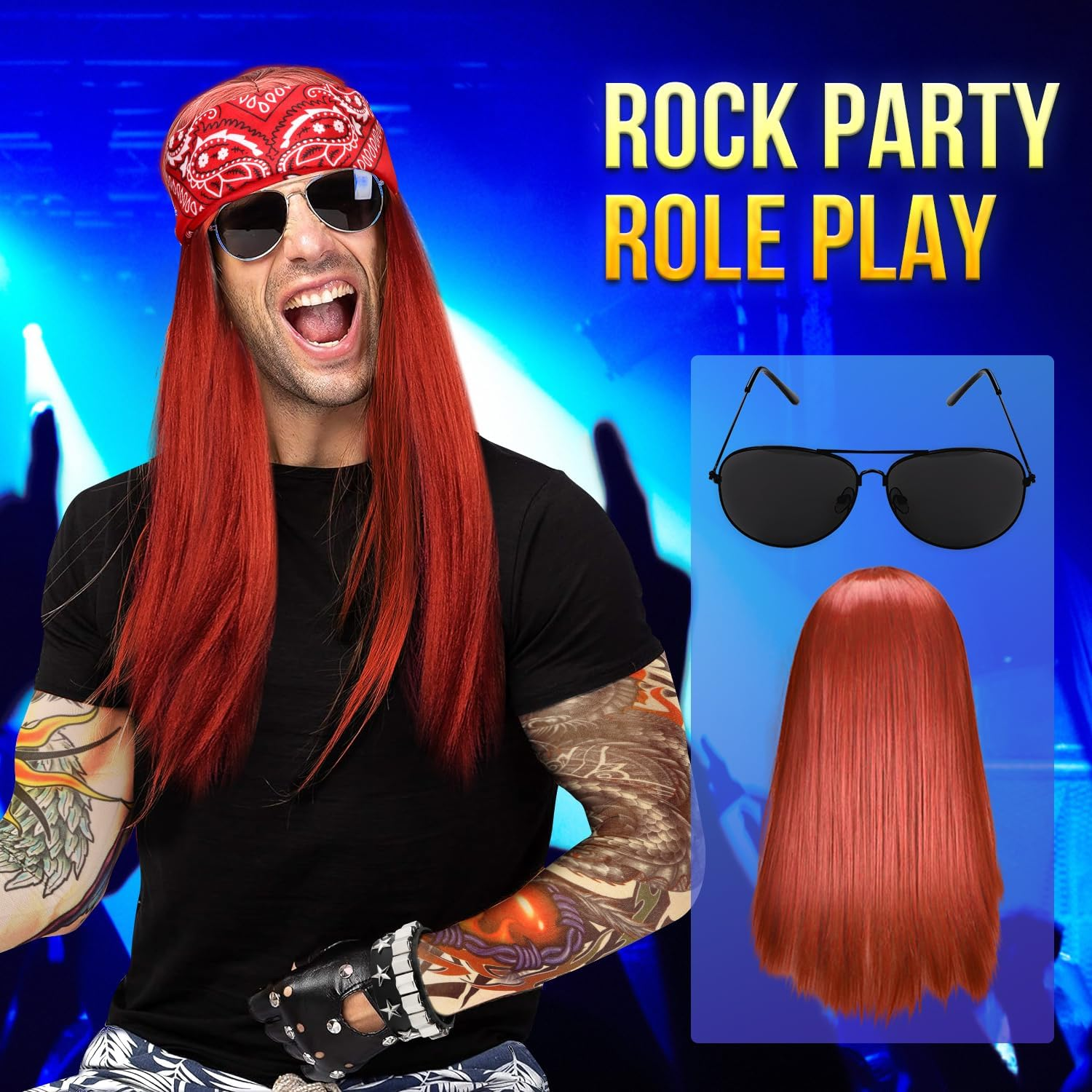 AUTOWT 1970S Rockstar Hippie Costume Accessories - 60S 70S 80S Metal Rock Band Punk Costume Set with Wig, Bandana, Sunglasses,Tattoo Sleeves, Gloves, Wrist Chains, Guitar, Men Women Woodstock Outfits