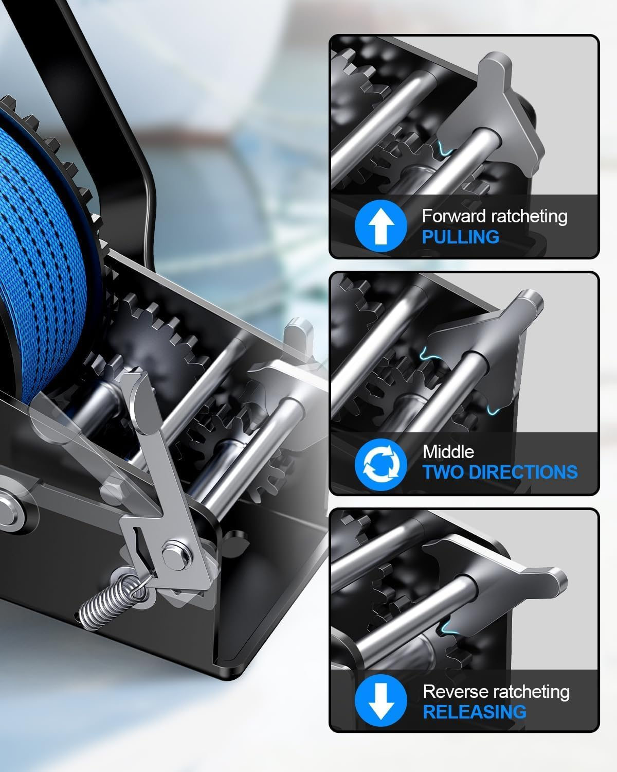 Boat Trailer Winch 3500Lbs/1587Kg with 33Ft(10M) Polyester Strap, Hand Winch Heavy Duty Hook and Comfortable Handle Two Way Ratchet and Two Speed Switchable for Boat Jet Ski Trailer Marine image number 2