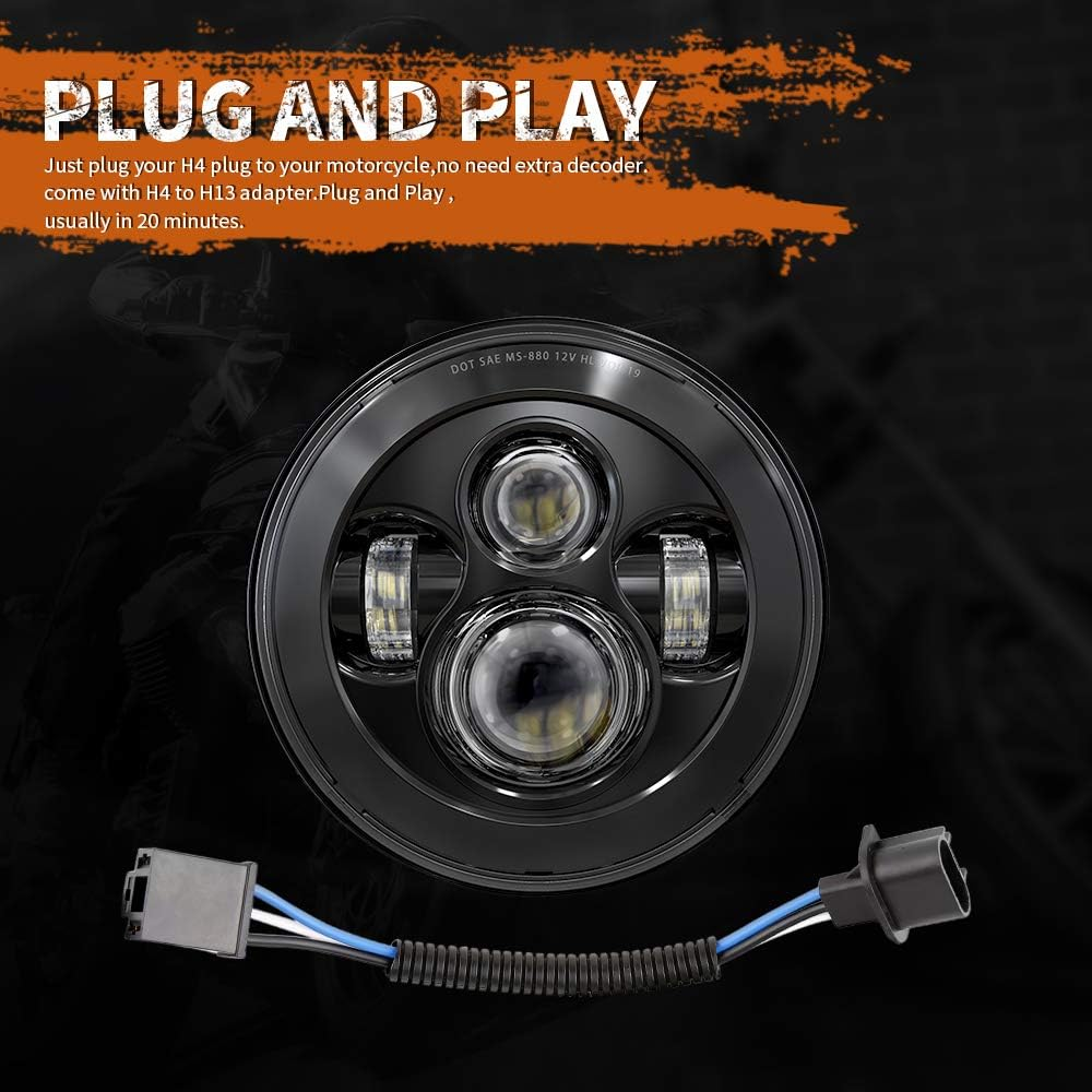 BICYACO DOT 7 Inch Motorcycle LED Headlight Headlamp Compatible with Harley Davidson Electra Glide Street Glide Fat Boy Road King Heritage Softail Switchback Black - Silver image number 3