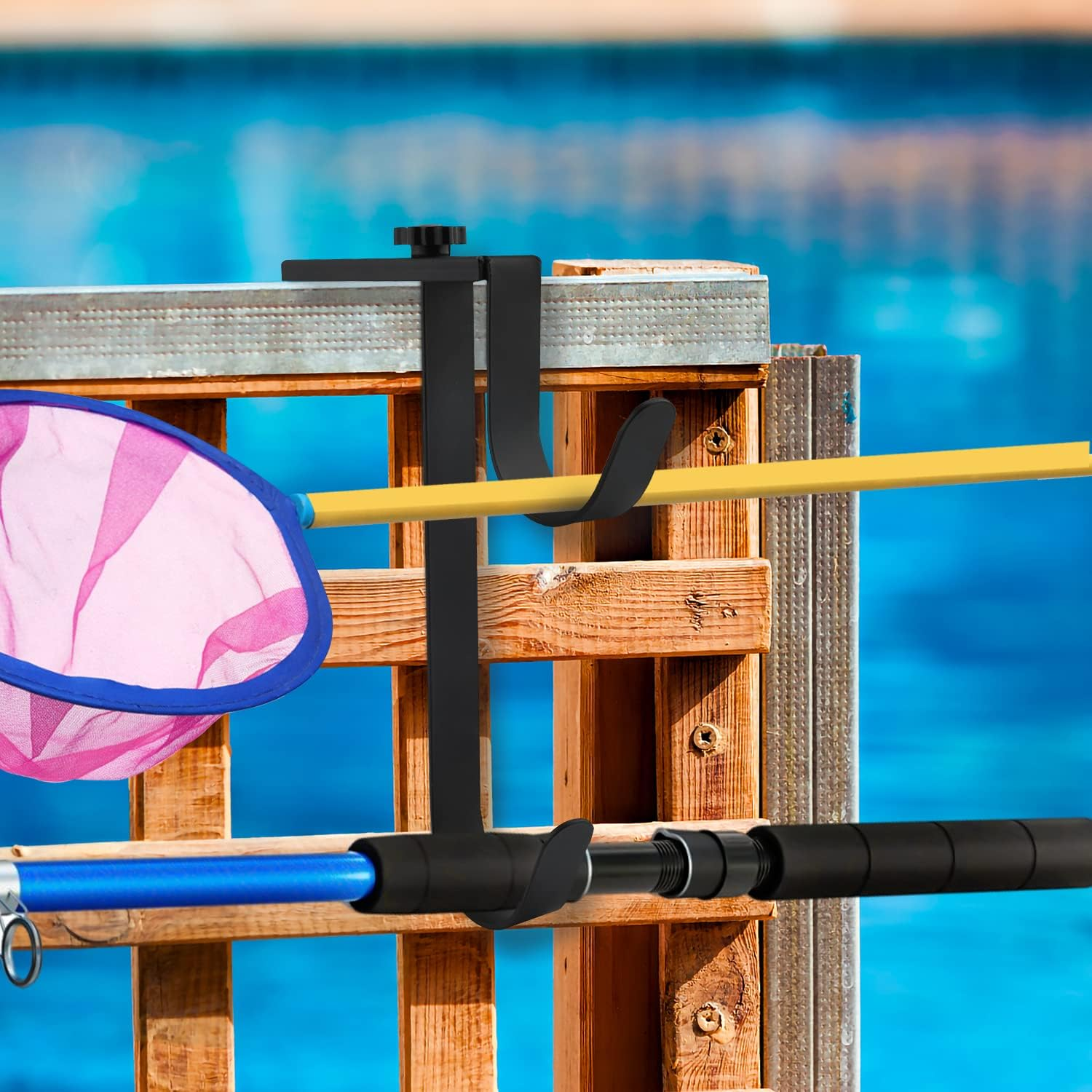 2Pcs Double Hook for Pool Pole, Adjustable Hook for Pool Fence, Double Hook for Hanging Pool Tool Hooks for Pool Fence, Wall (Black) image number 1