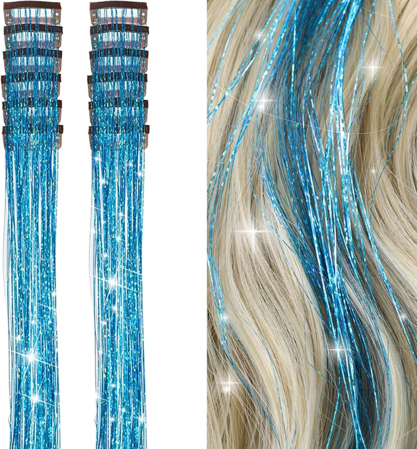 6 Pieces Clip in Glitter Tinsel Hair Extensions. Festival, Party, Dress Up, Glamour, Glitter 20 Inches - Heat Resistant (Bright Blue)