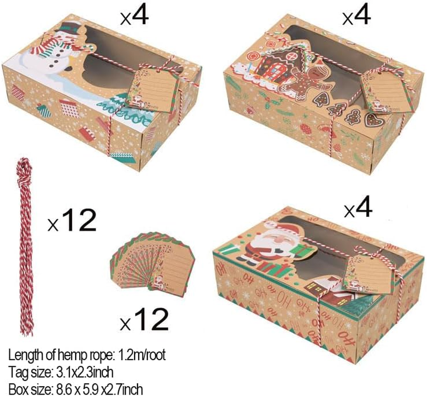 12 Piece Christmas Cookie Boxes with Window, Large Holiday Kraft Bakery Snack Boxes with Window, DIY Tags and Ribbons,Christmas Kraft Cupcake Boxes for Gift Giving Xmas Food Containers image number 3