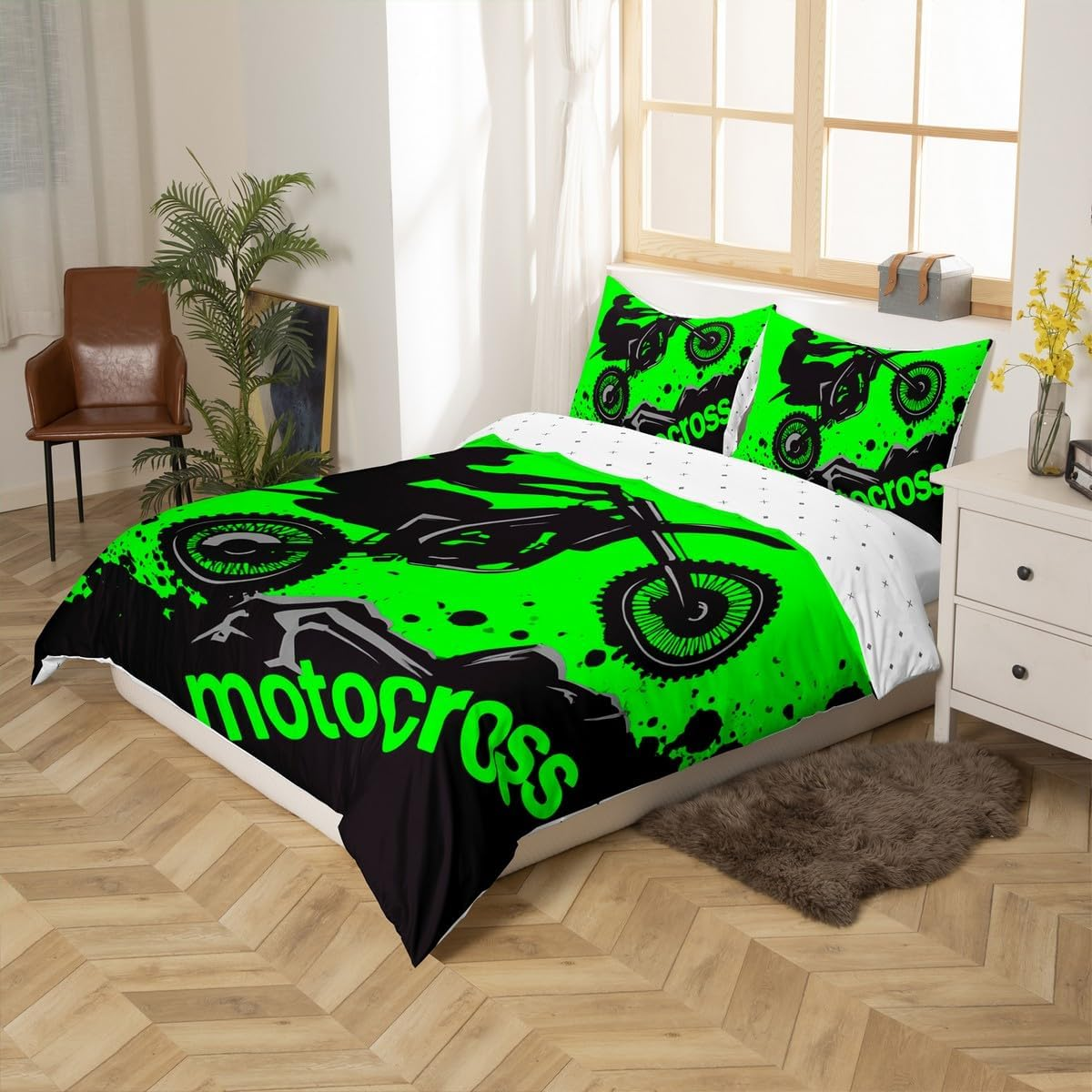 Dirt Bike Bedding Set Full Size Extreme Sports Comforter Cover Set for Boys Teens Racing Motocross Rider Duvet Cover Breathable Motorcycle Bedspread Cover Room Decor Green Black Quilt Cover image number 3