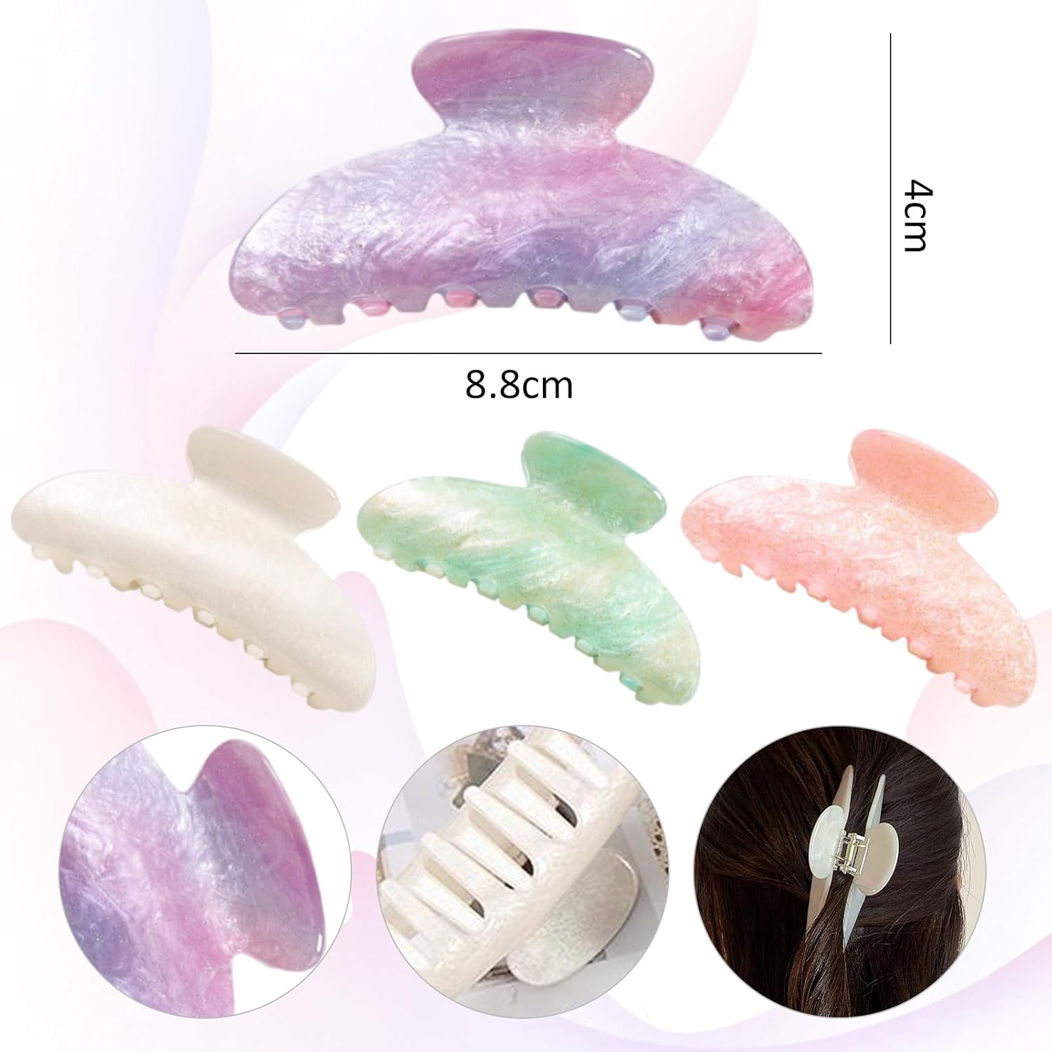 Hair Clips Large Set (Pack of 4) - Hair Clips for Thick Hair, Large Acrylic Claw Clips, Hair Barrettes (Glitter: White/Purple/Pink/Green) image number 1