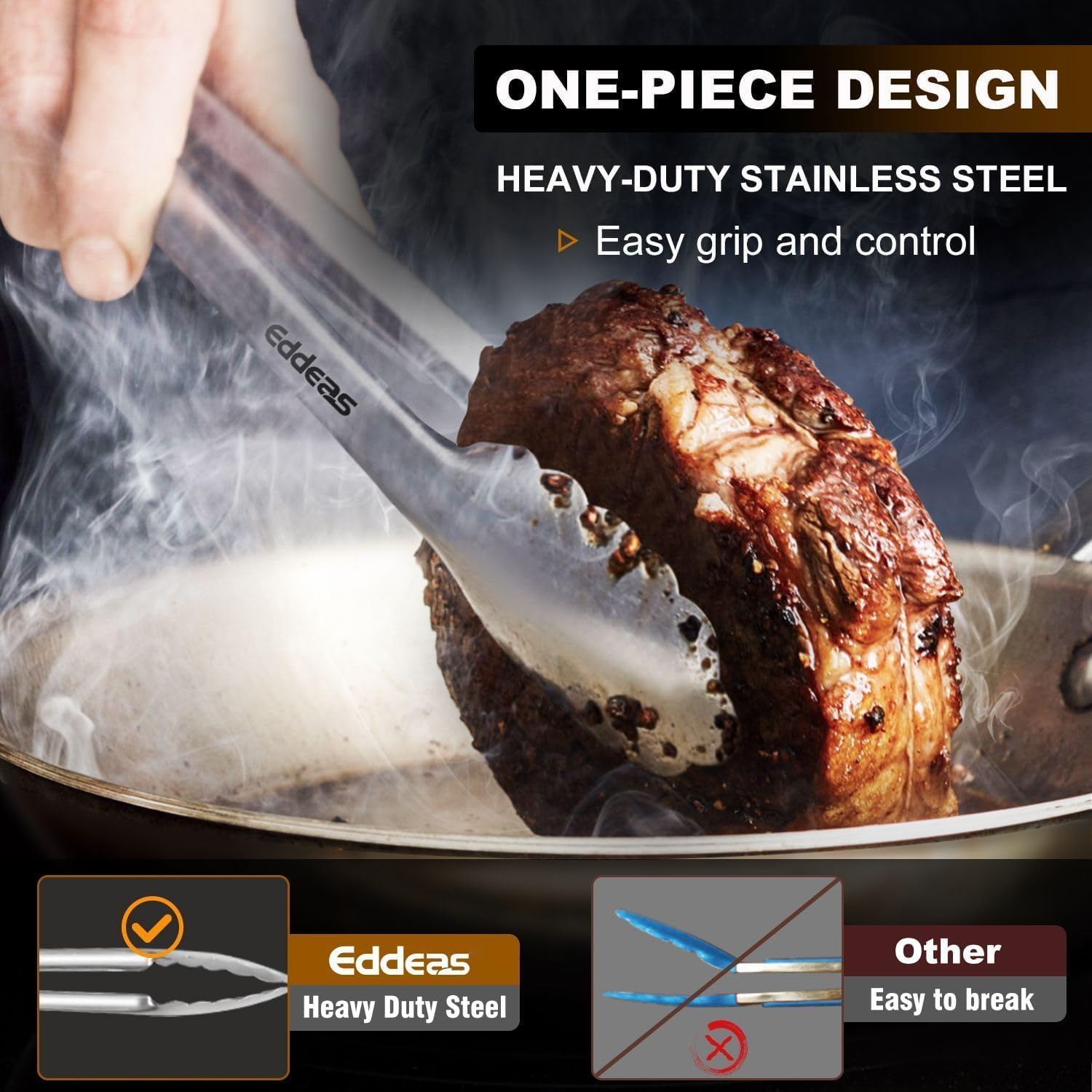 Kitchen Tongs - 9 Inch Heavy Duty Food Tongs, Ergonomic Grip Superior Stainless Steel and Non-Slip Heat Resistant Handle - Perfect for Cooking, Salad, Grilling, Barbecue,Dishwasher Safe image number 3