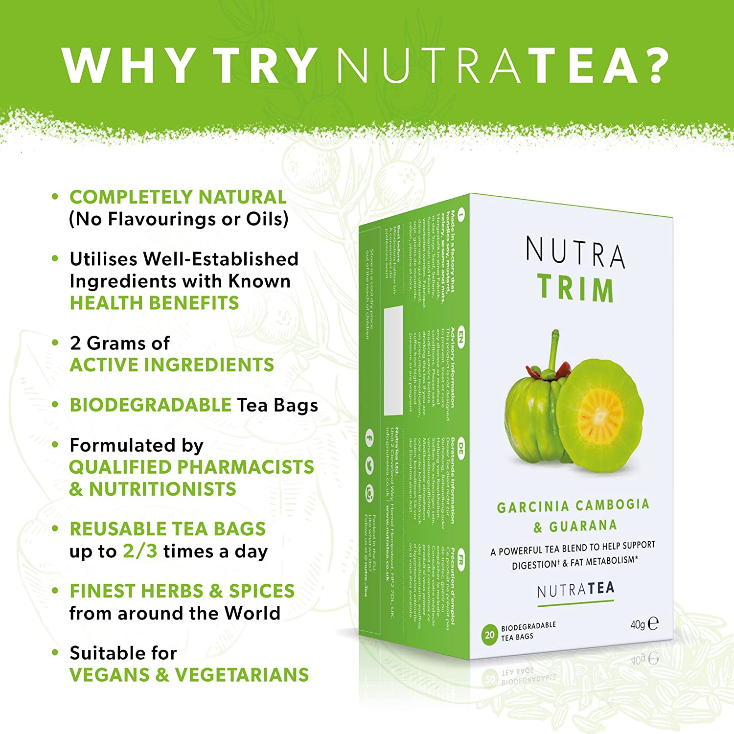 NUTRATRIM - Slimming Tea | Detox Tea for Weight Loss - Aids in Digestion & Controls Sugar Cravings - Includes Garcinia Cambogia - 20 Enveloped Tea Bags - by Nutra Tea - Herbal Tea image number 1
