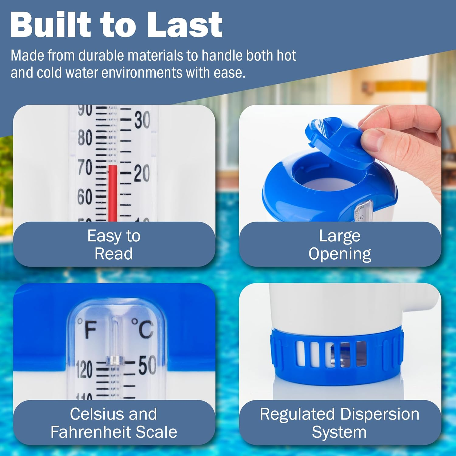 Chlorine Dispenser for Hot Tub with Built-In Thermometer &ndash; Floating Chlorine Dispenser for Hot Tubs, Pools, and Spas &ndash; Adjustable Flow Control, Durable Design image number 6