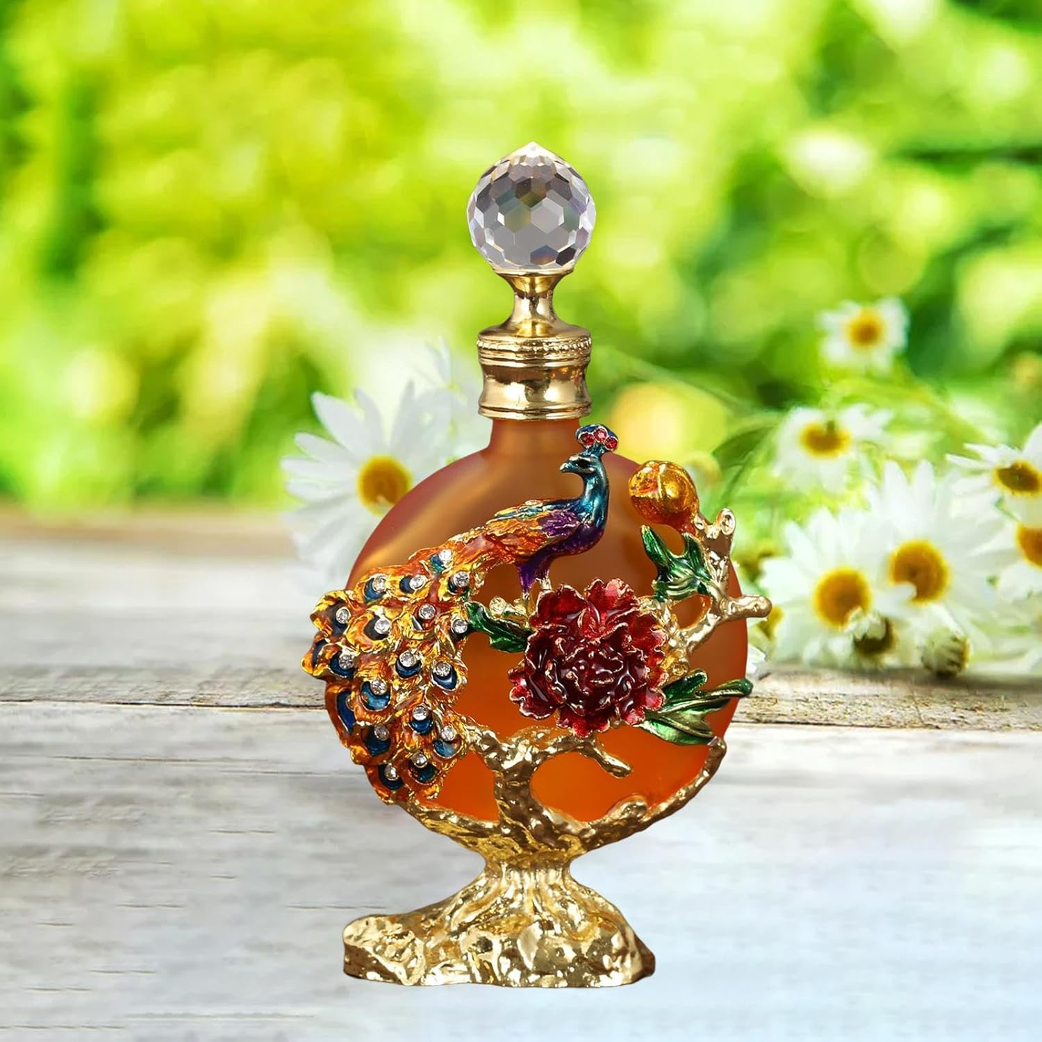 Oshhni Empty Refillable Perfume Bottle Essential Oil Bottle Luxury Portable Peacock Peony Embossed Window Display Reusable Container, Orange image number 3