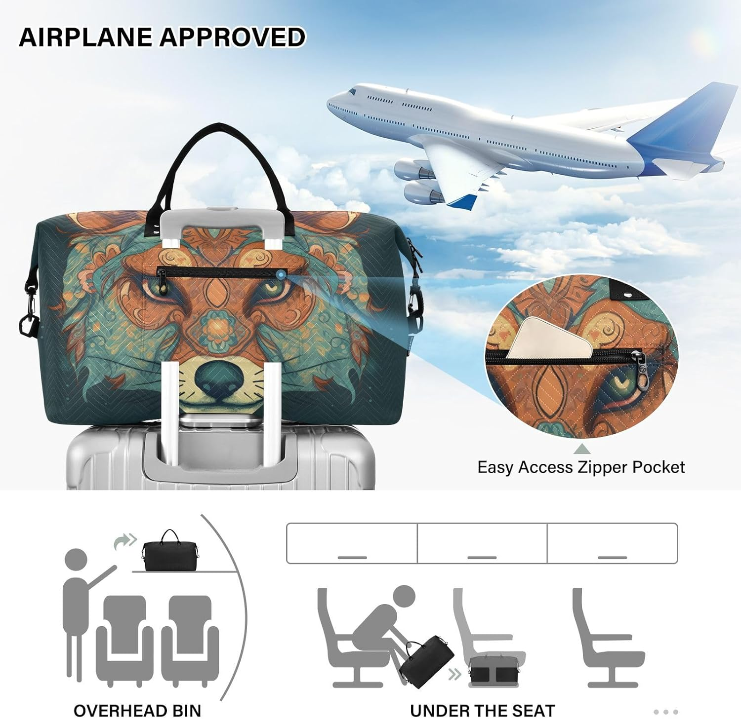 XYMZR Large Travel Duffel Bag, Boho Fox Face Sports Tote Gym Bag, Shoulder Weekender Overnight Bag for Women Men, Carry on Luggage with Toiletry Bags, Multi-Colored, Multi-Colored image number 5