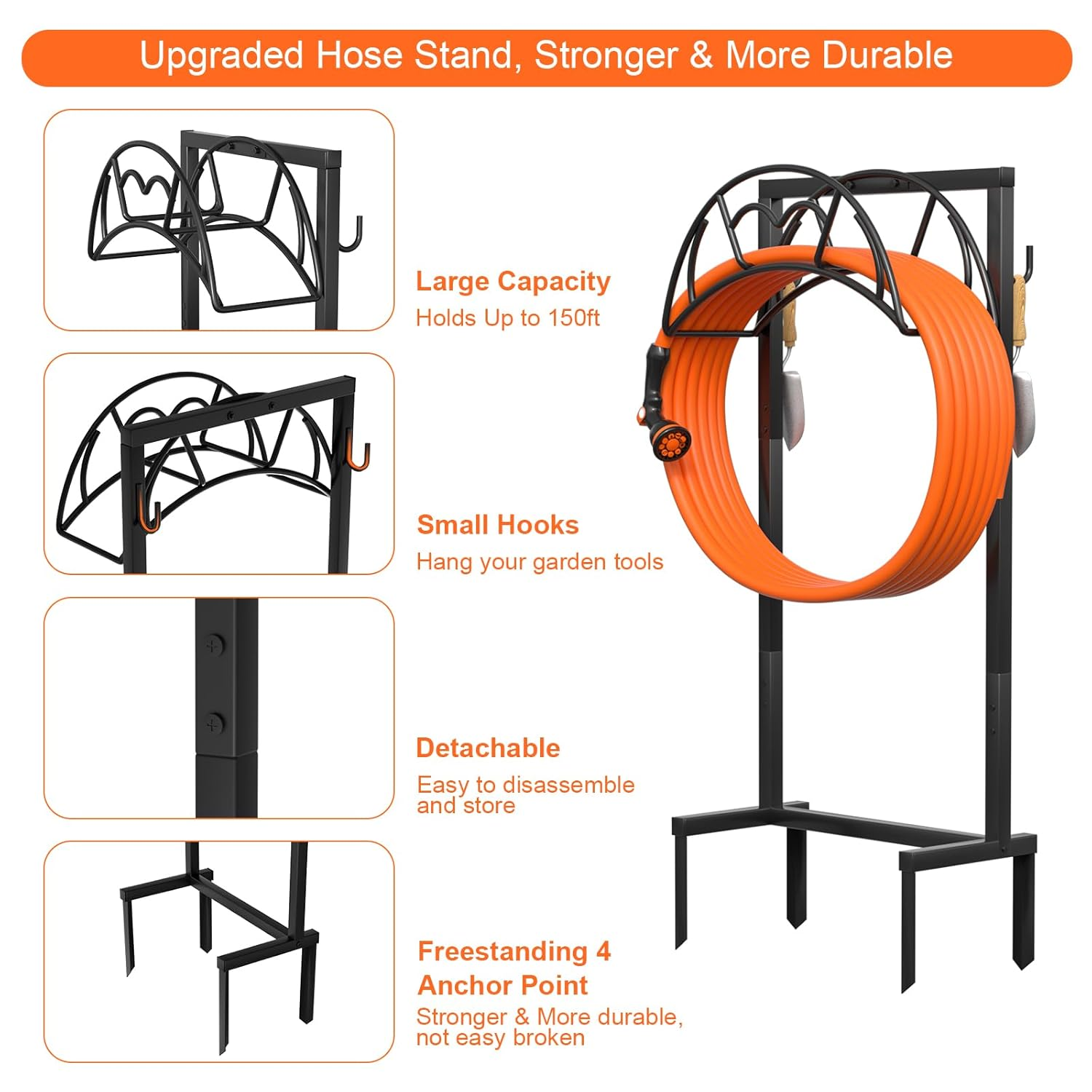 Garden Hose Holder, Freestanding, Robust Outdoor Water Hose Holder, Improved Metal Hose Stand with 4 Spikes, Removable Garden Hose Storage Hose Reel image number 5
