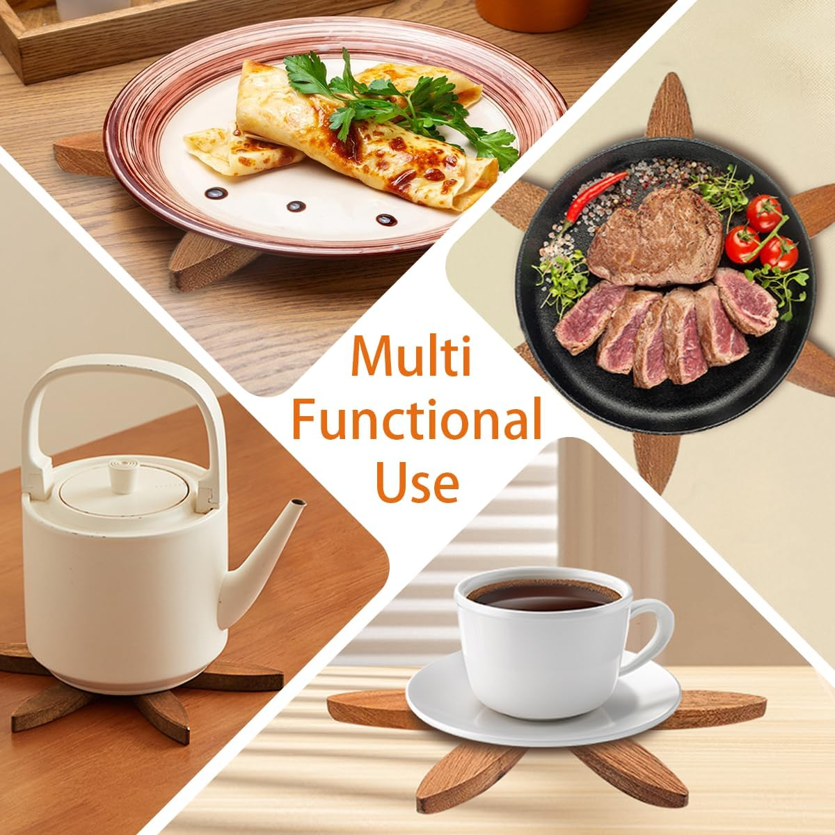 Miss Rui Wooden Trivets for Hot Dishes Set of 4 Tree Shaped Coasters for Table and Kitchen Counter, Walnut Tree Mats for Pot Bowl Pan Coffee