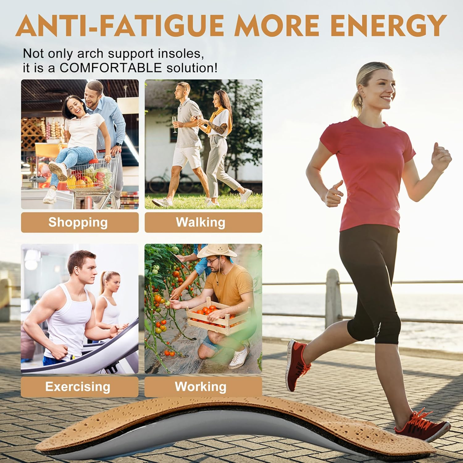 Arch Support Insoles for Women/Men, 3/4 Plantar Fasciitis Insoles High Arch Supports Shoe Insoles for Flat Feet Over-Pronation Foot Pain Relief, Orthotics Heel Cushion Inserts for Running Walking, XL image number 2