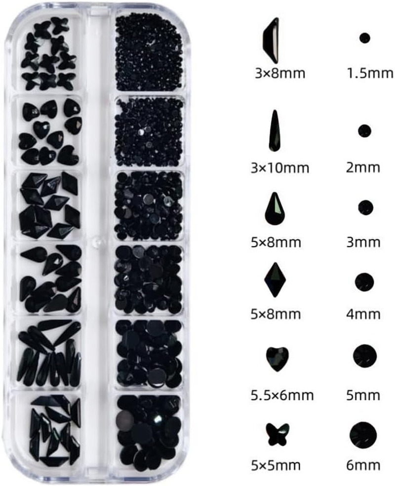 3Pcs Shiny Flatback Nail Rhinestones Gems,Multi-Shape round Beads for Nail Art, Includes Picker & Tweezers for DIY Manicure, Sparkling Nail Decorations for Professional Salon or Home Use,Black