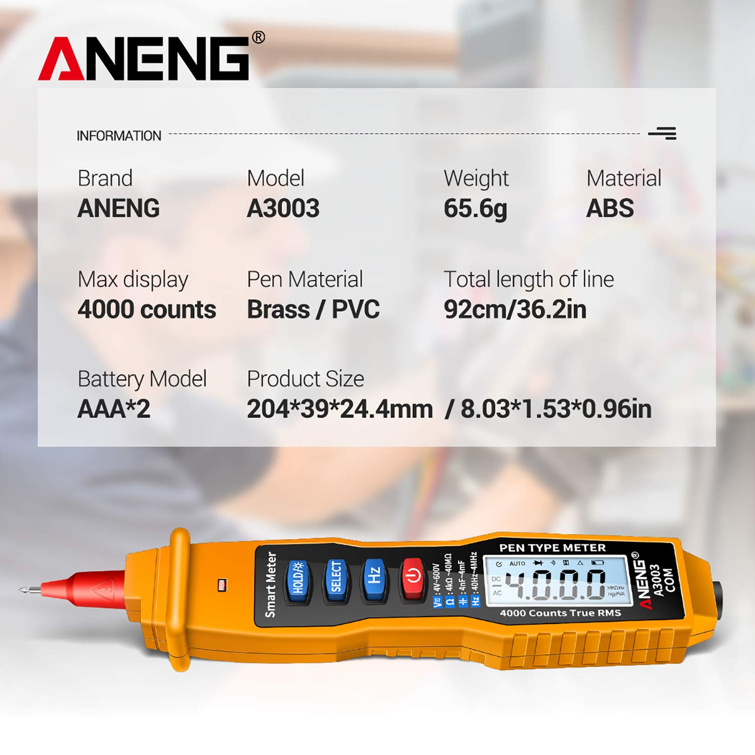 Digital Pen Multimeter NCV AC/DC Voltmeter Ohmmeter Resistance Capacitance Frequanecy Live Line Test Handheld 4000 Counts LCD Backlight Tester with Data Hold and Flashlight Yellow image number 4