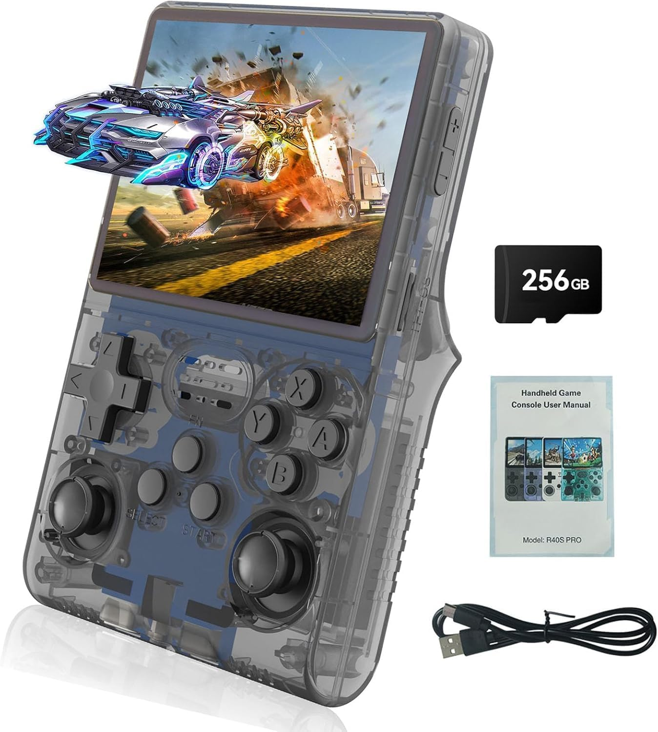 R40S Pro Handheld Game Console, 30000 HD Games Mini Portable Video Game Console, 3.5-Inch IPS Screen,256Gb Memory,Built in 45 Emulators,3800Mah Battery (Transparent Gray 256GB) image number 2