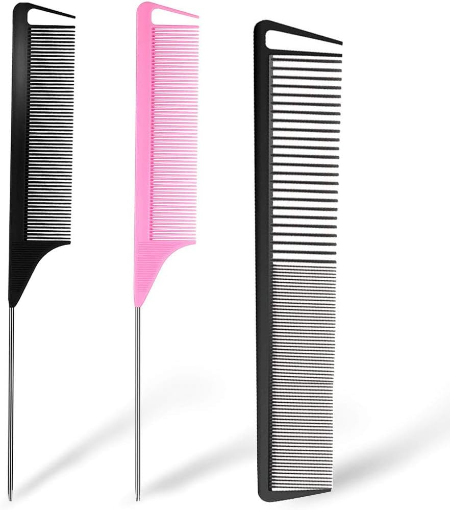 3 Pieces Rat Tail Comb Carbon Fiber Teasing Combs Parting Braids Comb Stainless Steel Pintail Comb Barber Styling Combs for Women Men Fine Teeth Salon Hairdressing Hair Care Tools
