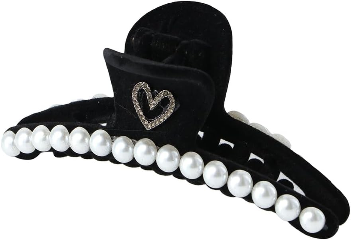 2Pcs Elegant Rhinestone Love Heart Hair Claw Clip Black Large Hair Claw Clip for Women Girl Fashion Pearl Hairpin Headwear Ponytail Holder