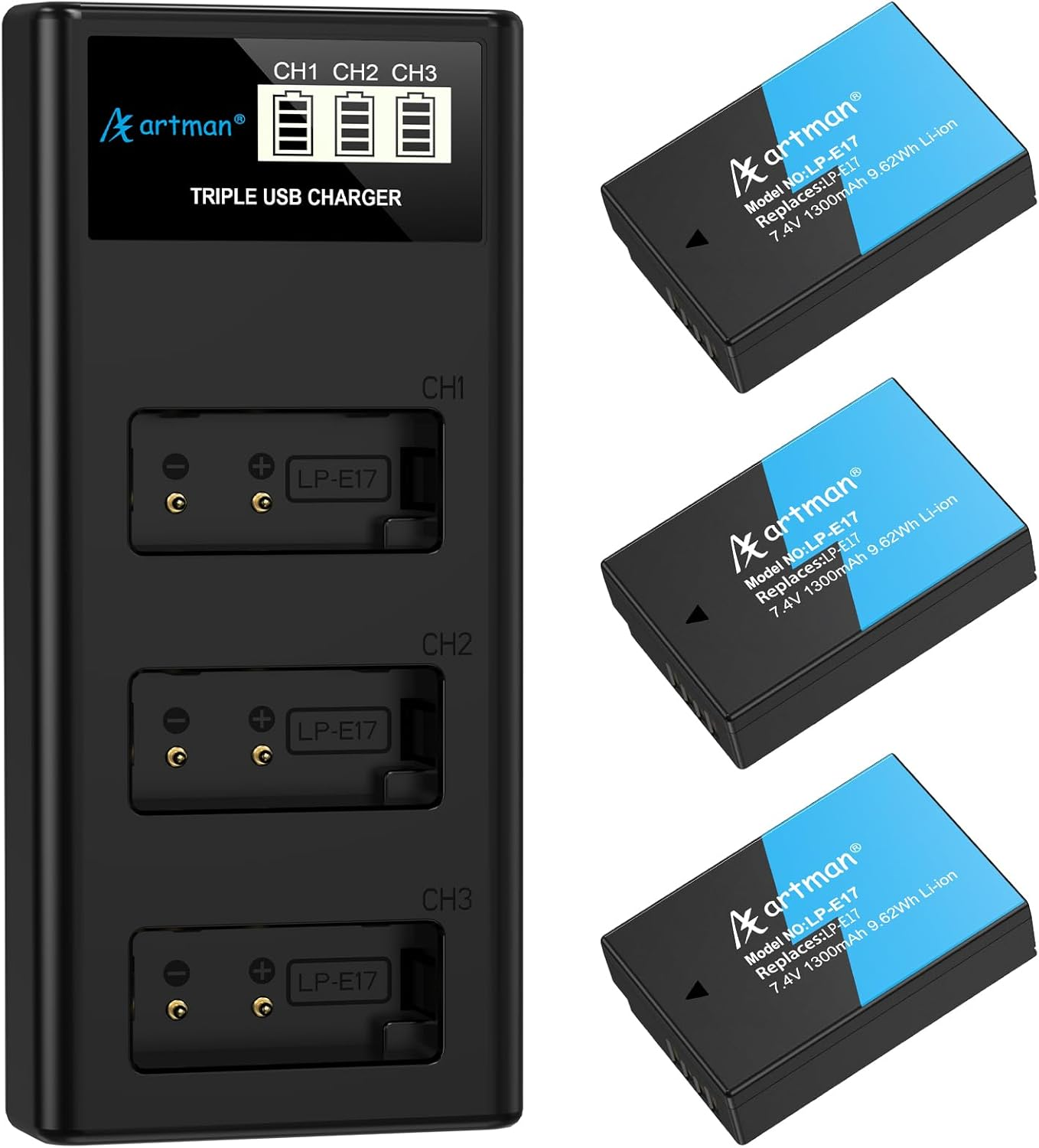 Artman LP-E17 Battery 3-Pack 1300Mah and 3-Channel LCD Charger Pack for Canon EOS RP R10 R8 R50 Rebel T6I T7I T8I T6S SL2 SL3 EOS M3 M5 M6 200D 77D 750D 760D 800D 8000D KISS X8I Camera