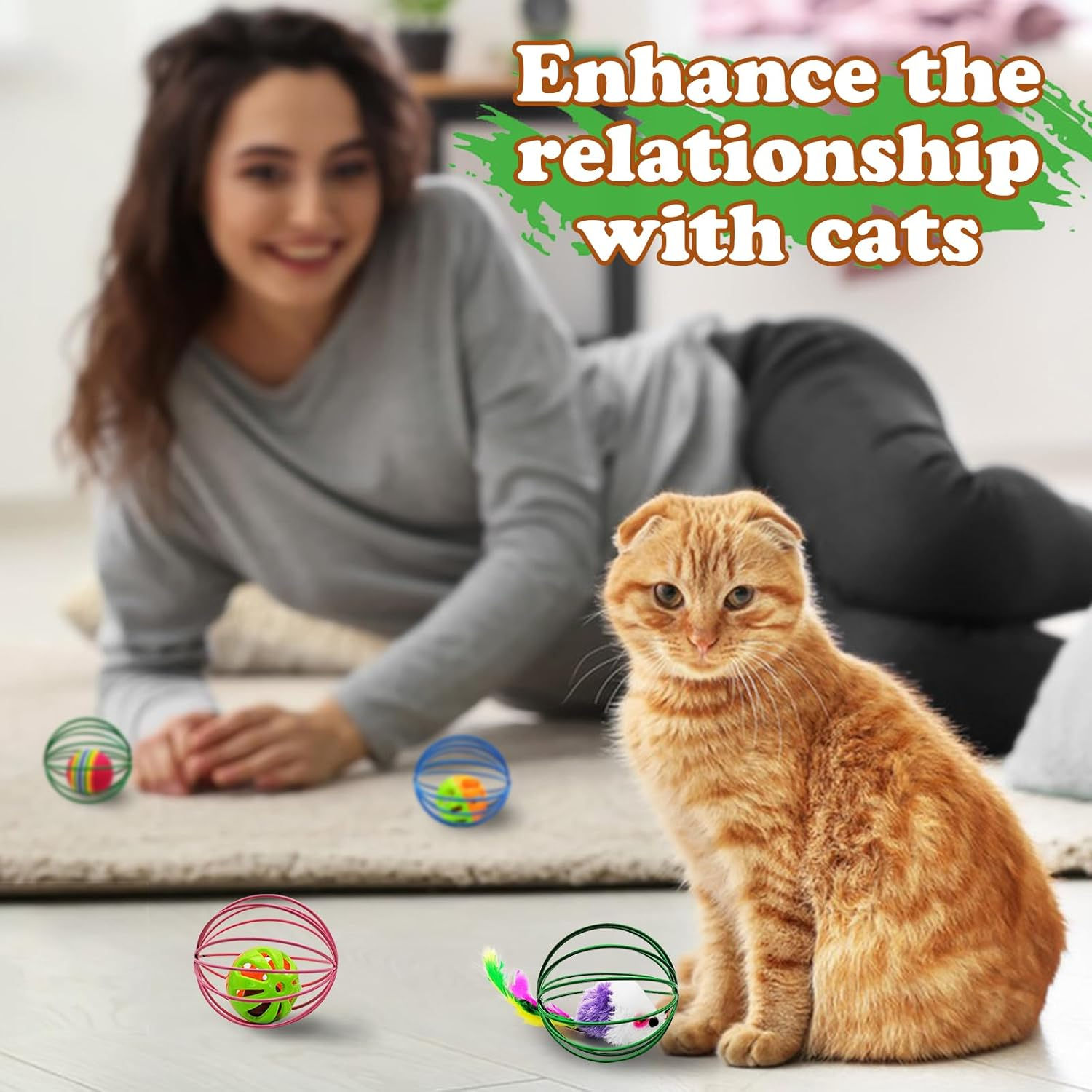 Andiker 6 Pieces Cat Spring Toy, 2.1 Inch Colourful Cat Spring Balls with Mice & Bell Ball & Rainbow Ball Metal Cage Balls Spring Cat Toy for Cat Kicking Exercise (Random Colour 1) image number 4