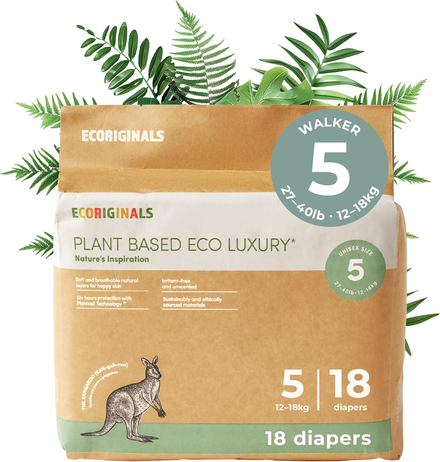 Ecoriginals - 18 Eco Walker Nappies - Toddler Nappies Size 5 with 100% Plant-Based Layers, Disposable & Hypoallergenic Baby Essentials for Kids - Secure Fit Nappies (12-18Kg), 1 Pack