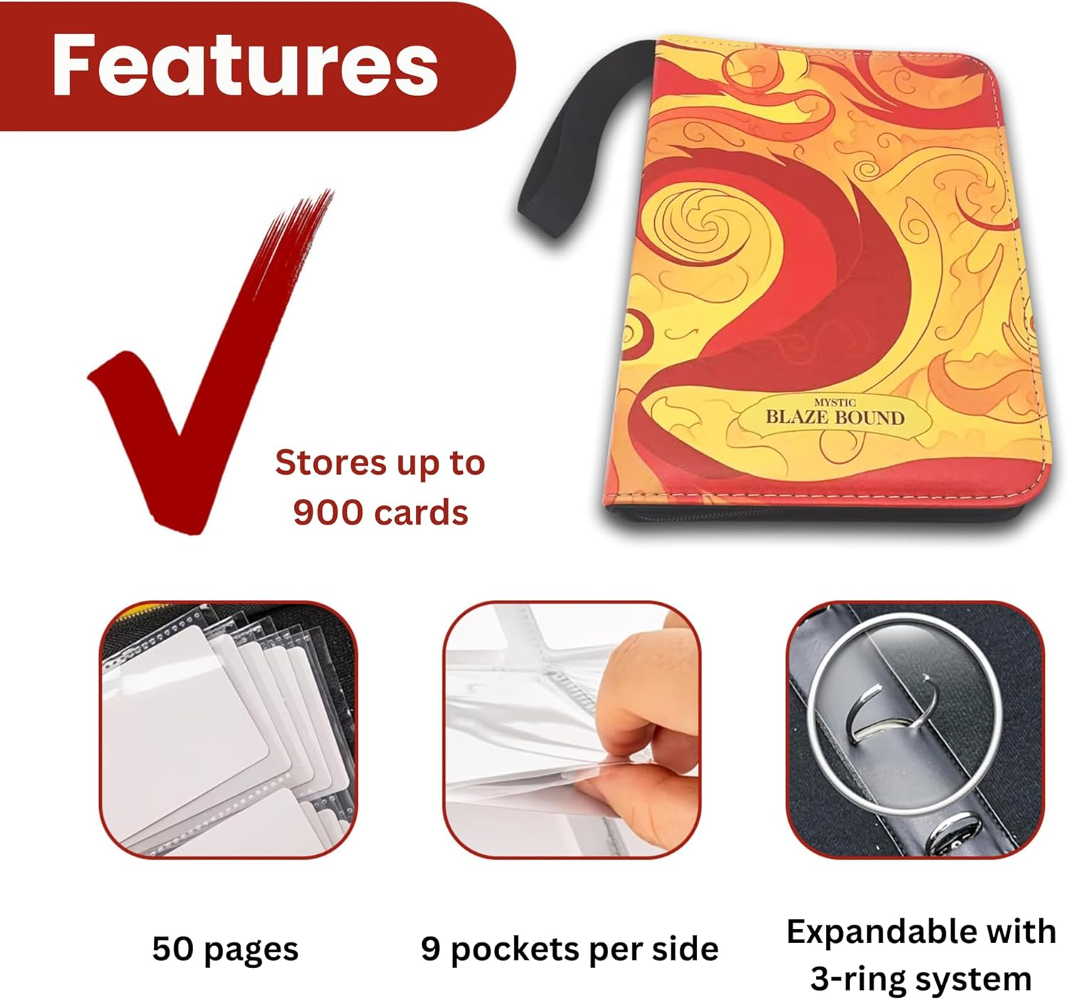 Trading Card Binder 900 Pockets 9-Pocket for TCG, Sports, Yu-Gi-Oh, Magic the Gathering Cards, Portable and Durable Card Collector Storage (9-Pocket) image number 5