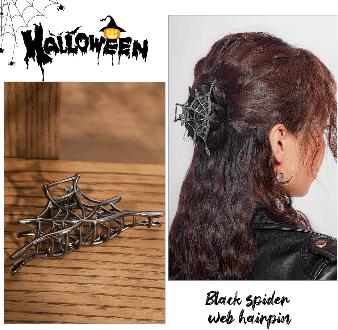 Pack of 3 Stylish Spider Web Metal Hair Clips, Halloween Accessories in Gothic and Y2K Style, Skeleton Hand Spider Web Design, Decorative Large Claw Clip for Everyday Use image number 3