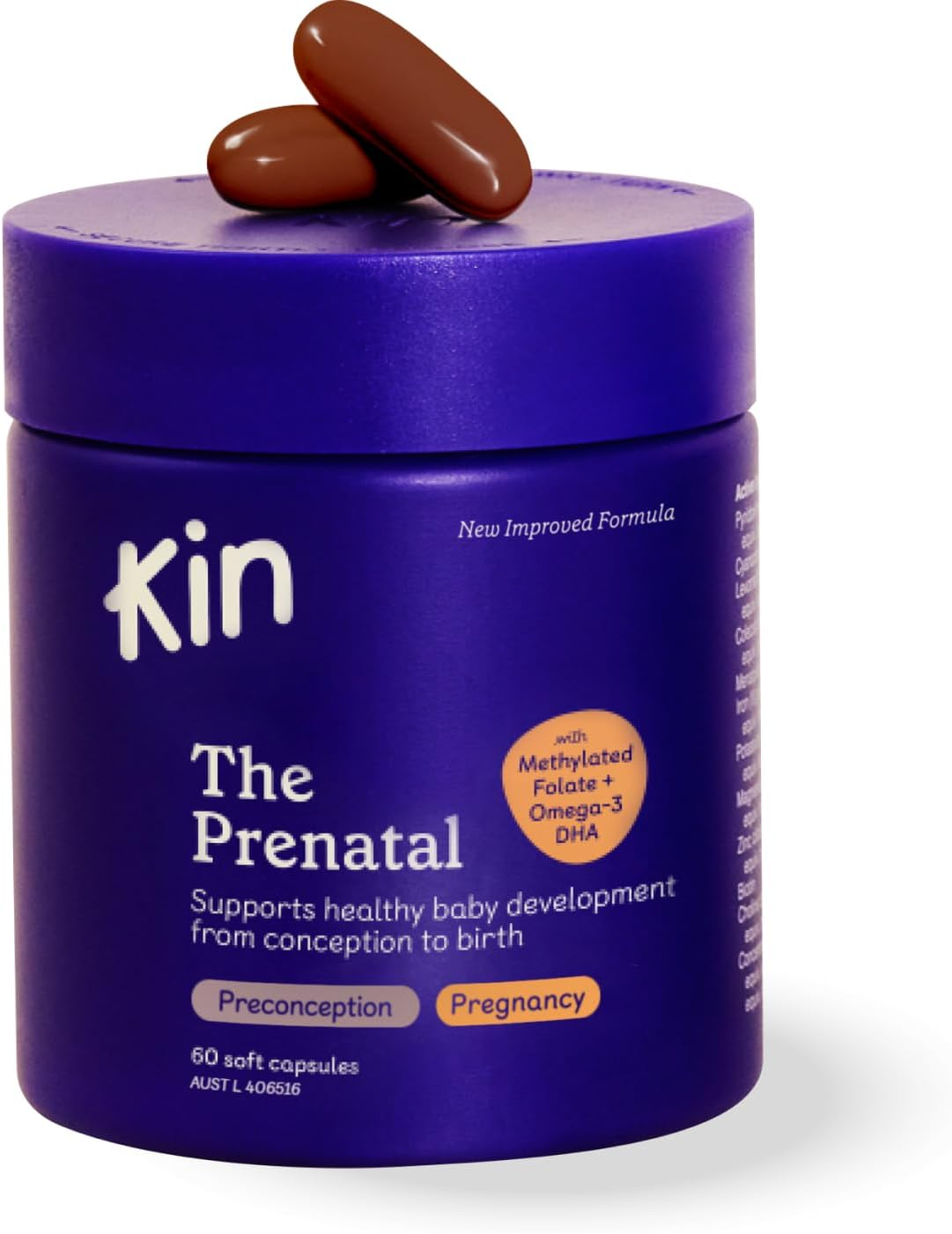 Kin the Prenatal 60 Caps | Supports Pre-Conception & Healthy Pregnancy | Bioavailable Ingredients for Optimal Absorption | Gentle on Stomachs with Subtle Vanilla Flavour image number 1