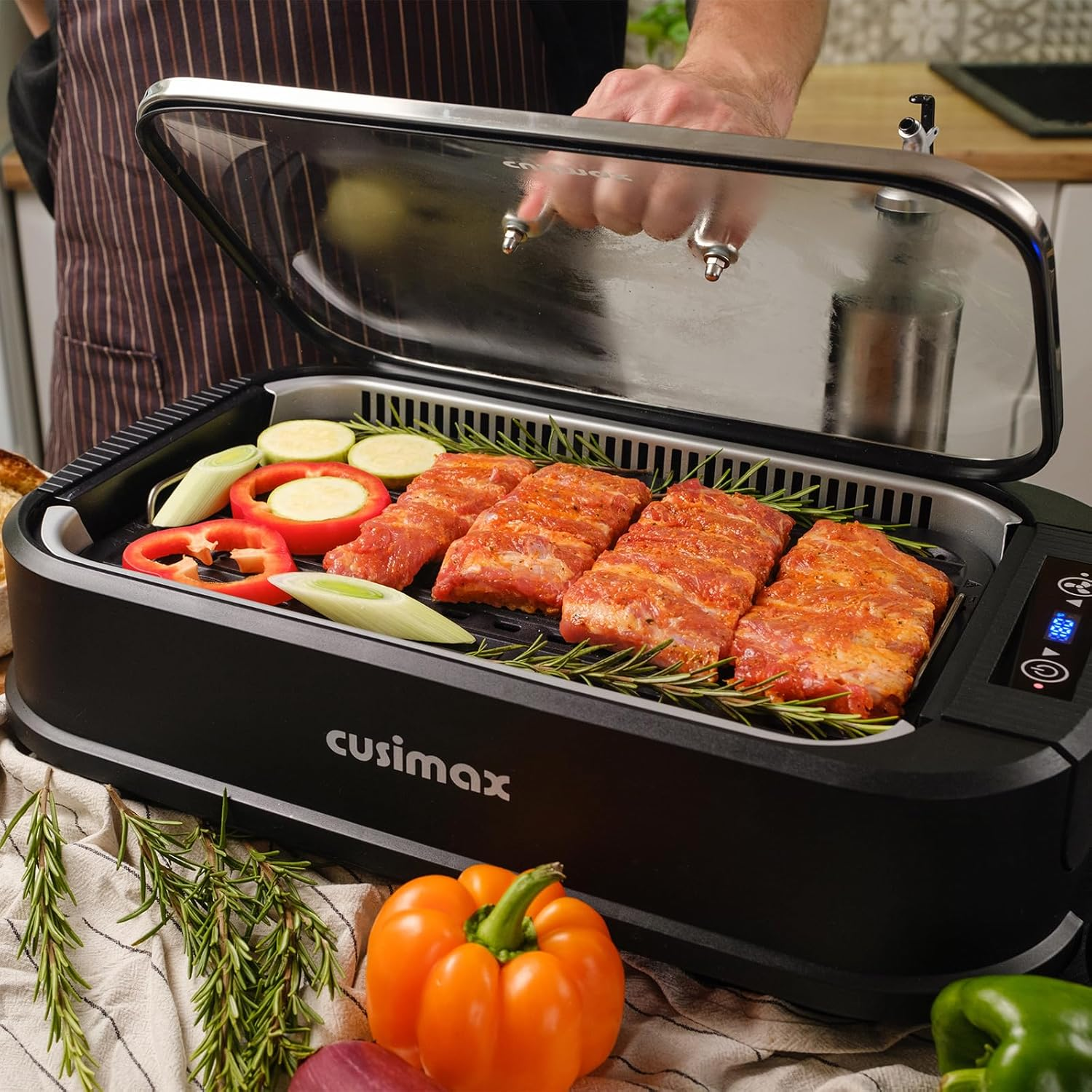 CUSIMAX Indoor Grill with Double Grill Plates, 1500W Electric Smokeless Grill with LED Smart Display & Tempered Glass Lid, Non-Stick Removable Grill & Griddle Plate, Easy to Clean image number 1